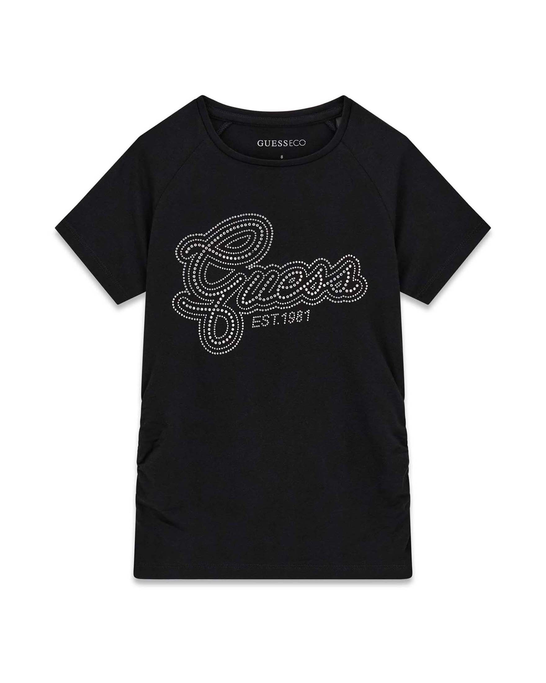 T-shirt mezza manica Guess nera in misto cotone con logo frontale in strass