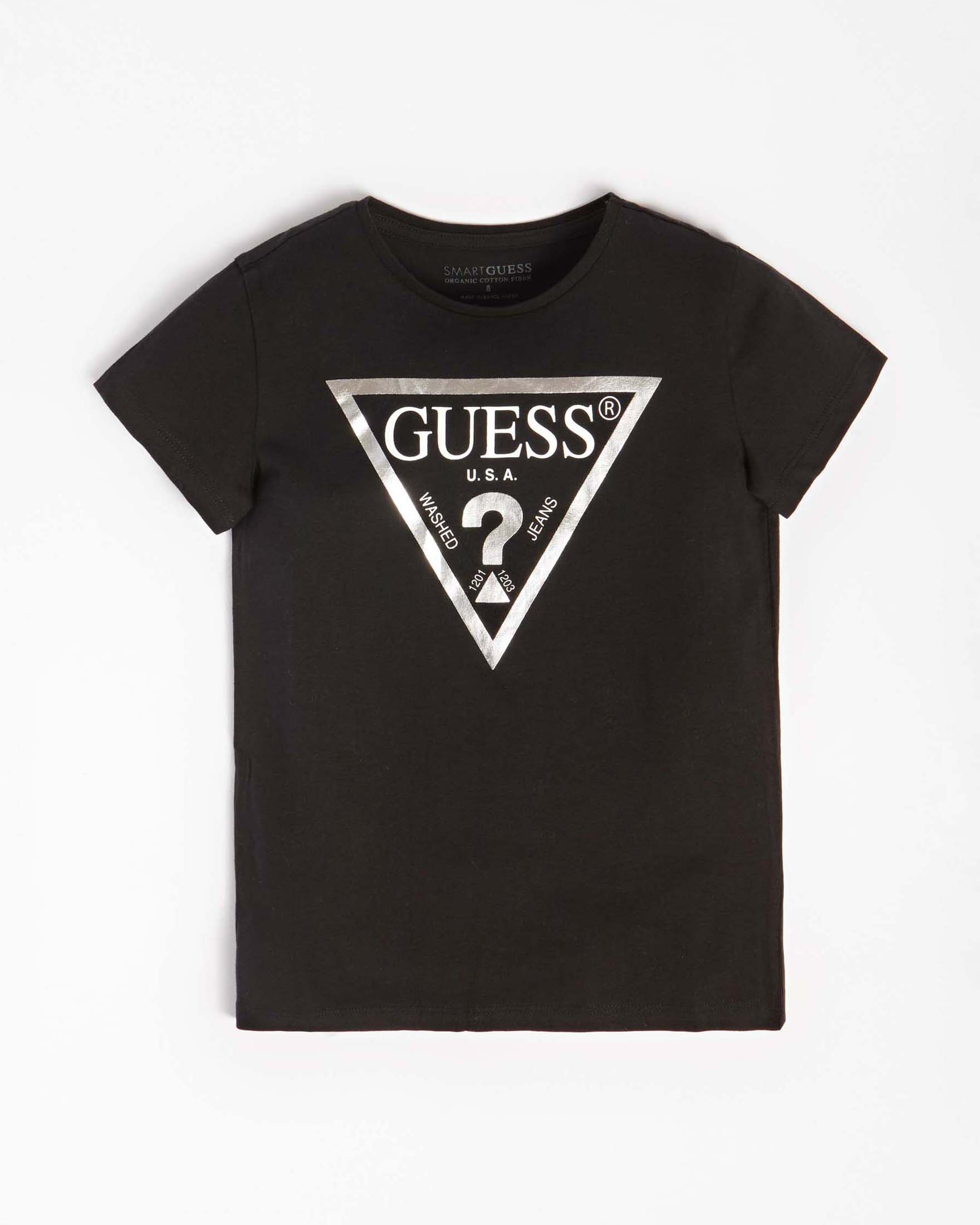 T-shirt mezza manica Guess nera in cotone con stampa logo triangolare