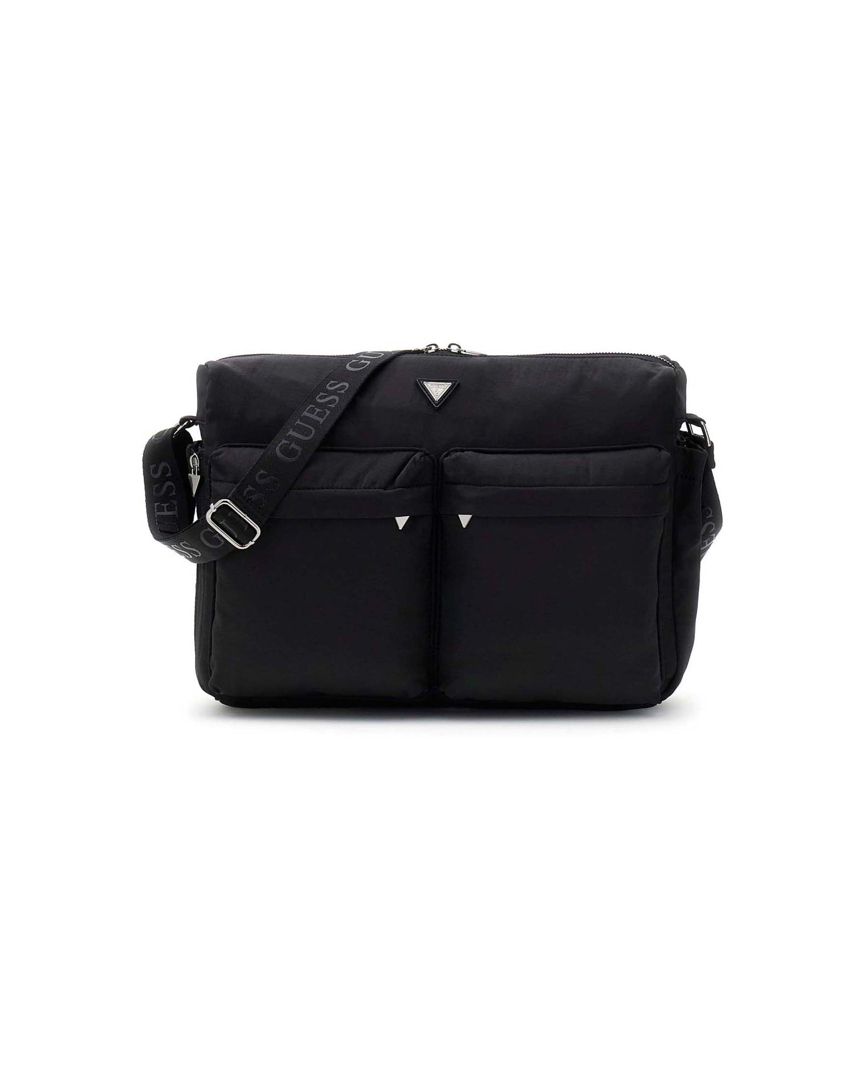 Borsa a tracolla Guess nera in poliammide con il logo triangolare in metallo