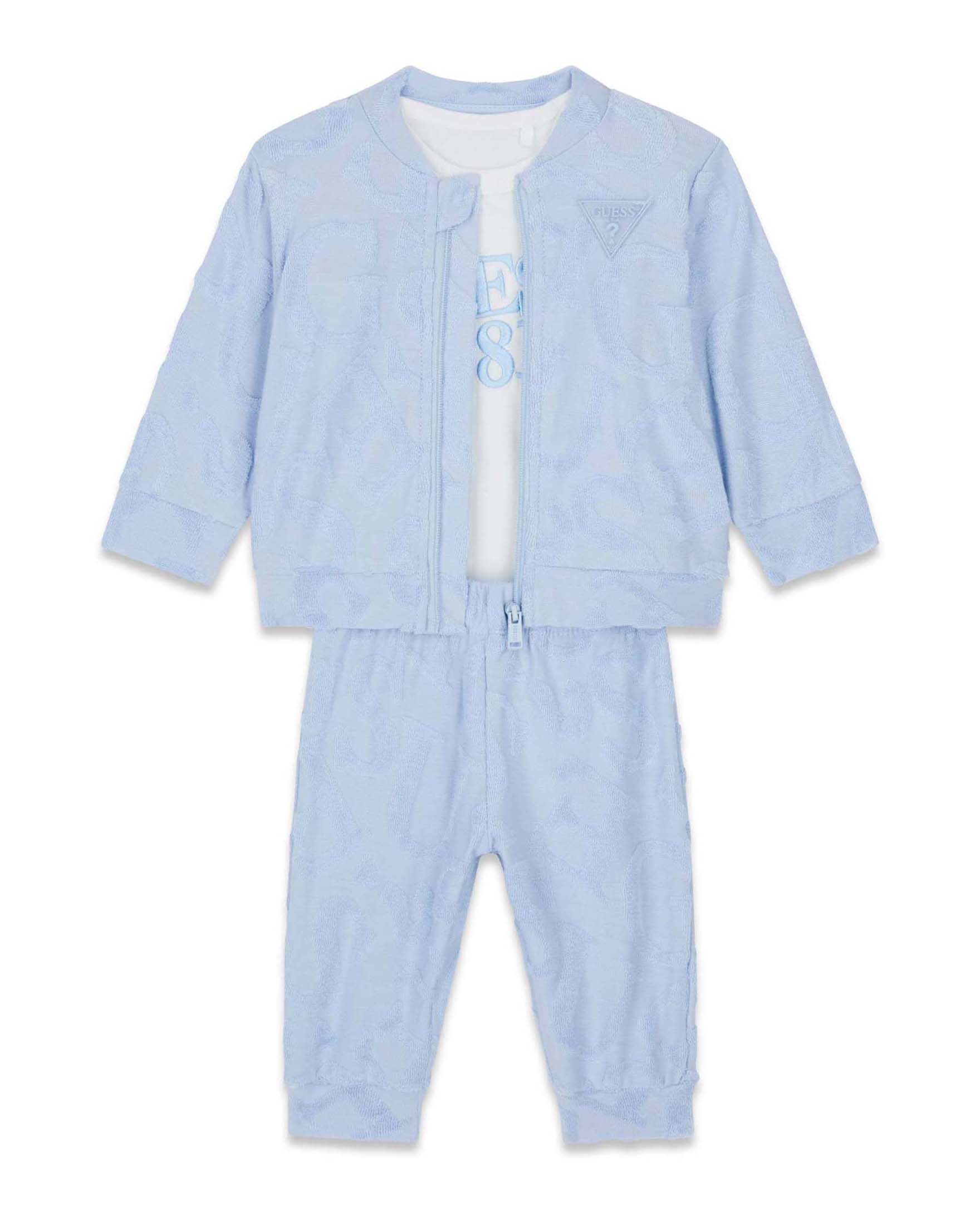 Completo tre pezzi Guess azzurro e bianco in misto cotone con logo