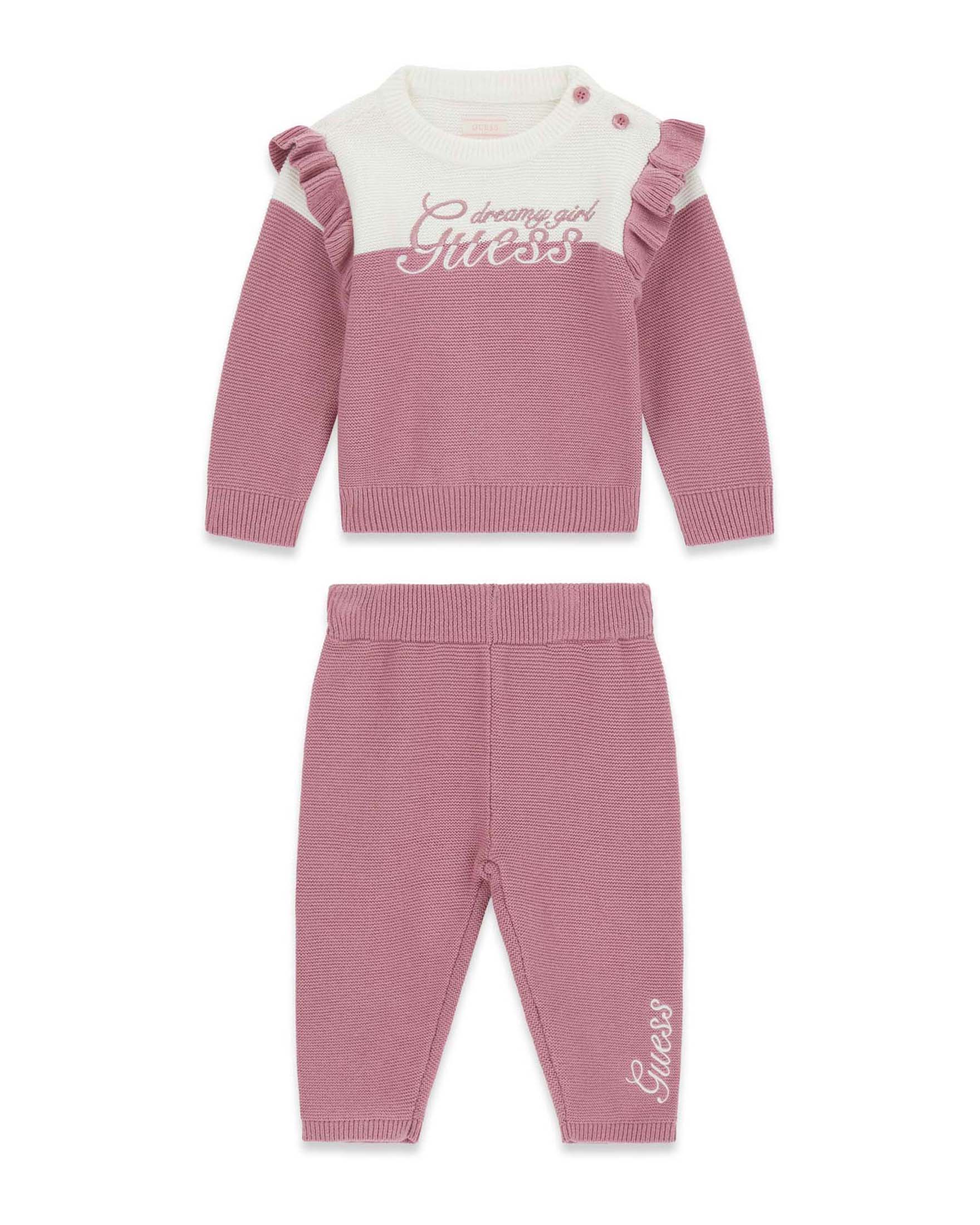Completo Guess rosa e bianco in maglia di cotone con volant e ricamo frontale