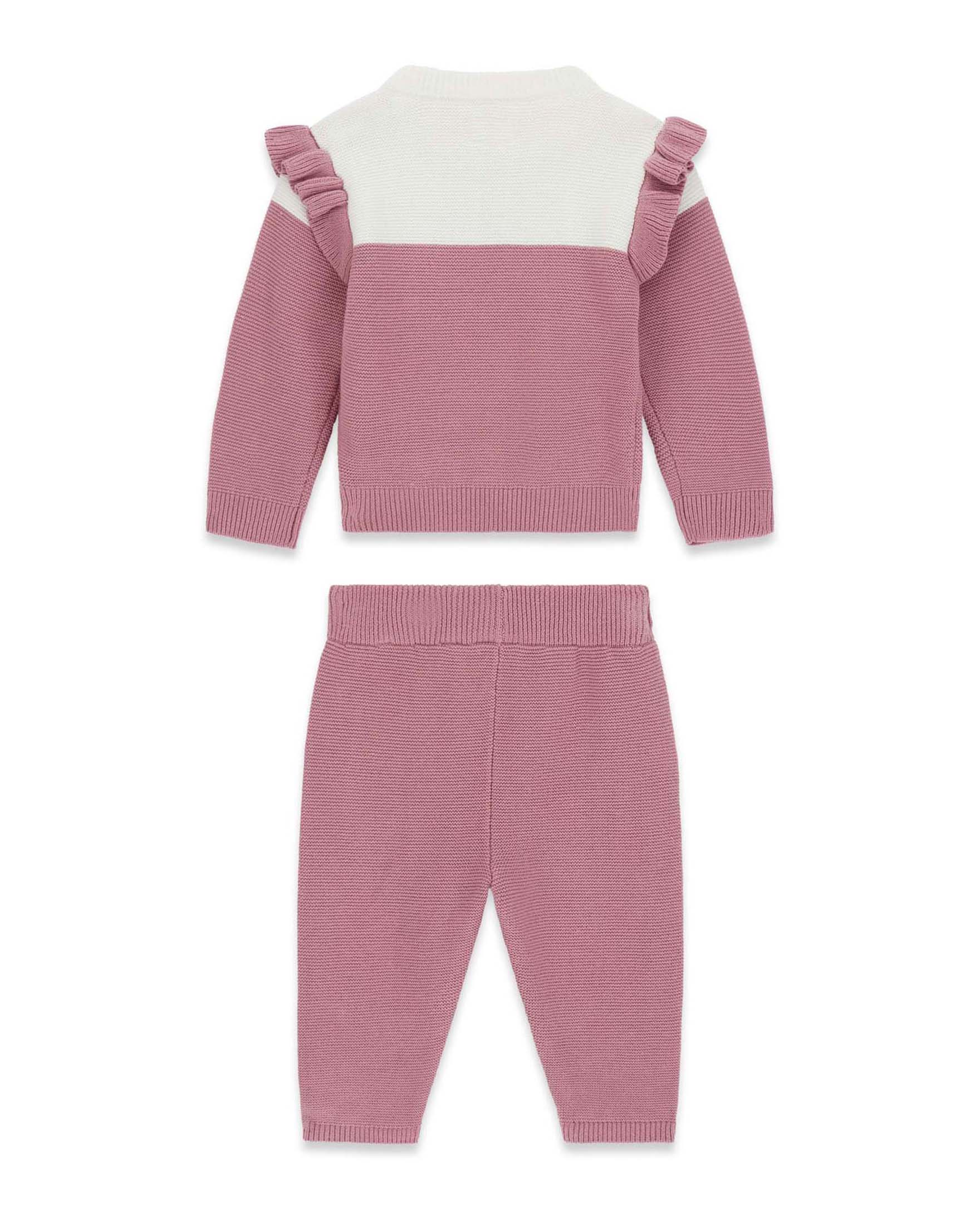 Completo Guess rosa e bianco in maglia di cotone con volant e ricamo frontale image