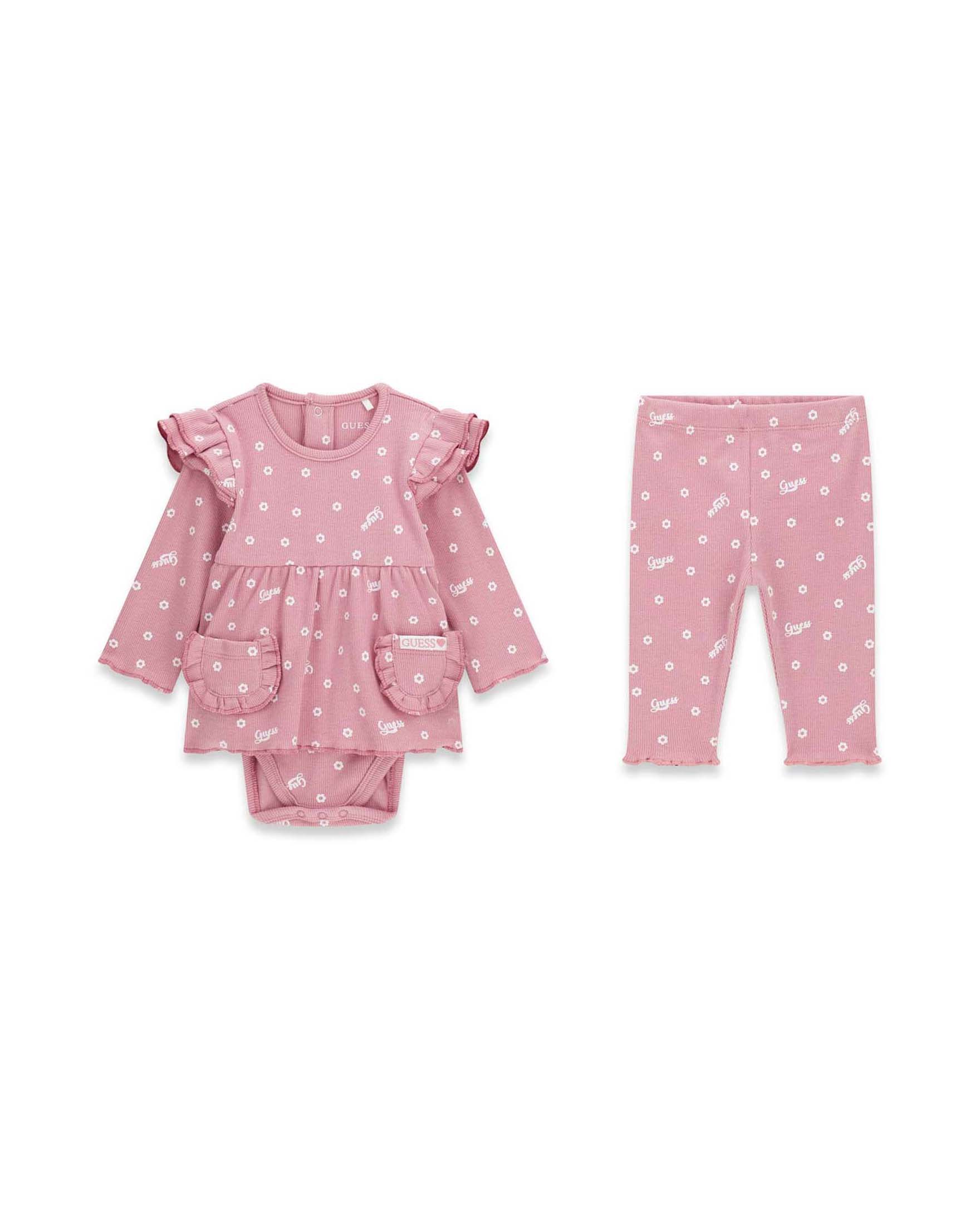 Completo Guess rosa in misto cotone a costine con stampa floreale e logo