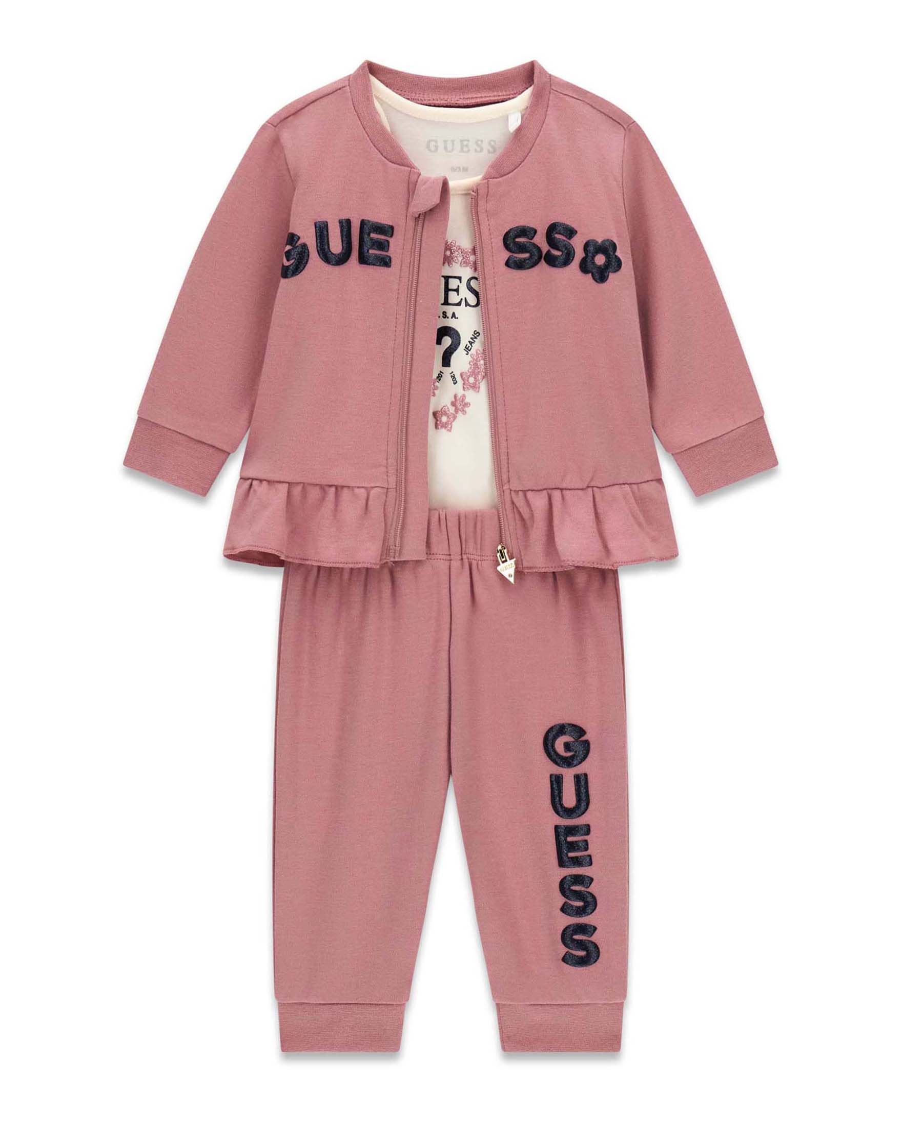 Completo 3 pezzi Guess rosa in cotone con felpa, T-shirt e logo ricamato