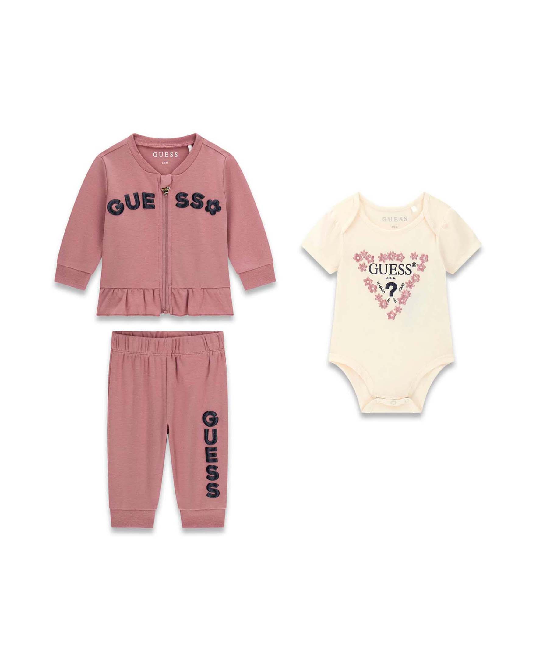 Completo 3 pezzi Guess rosa in cotone con felpa, T-shirt e logo ricamato image
