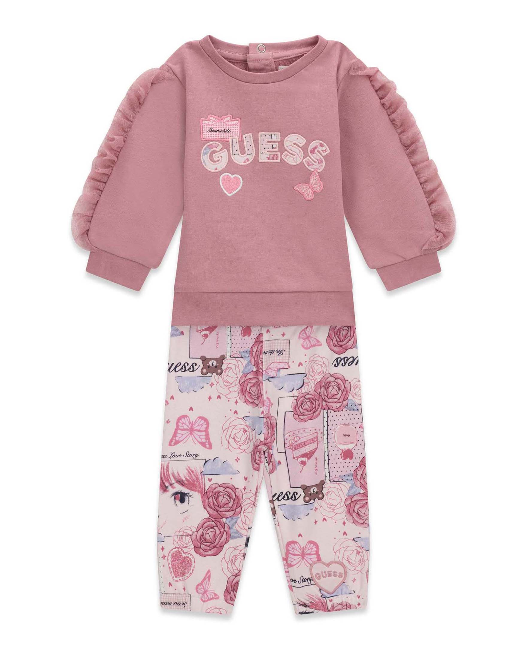 Completo Guess rosa in cotone con stampa logo e leggings a fiori