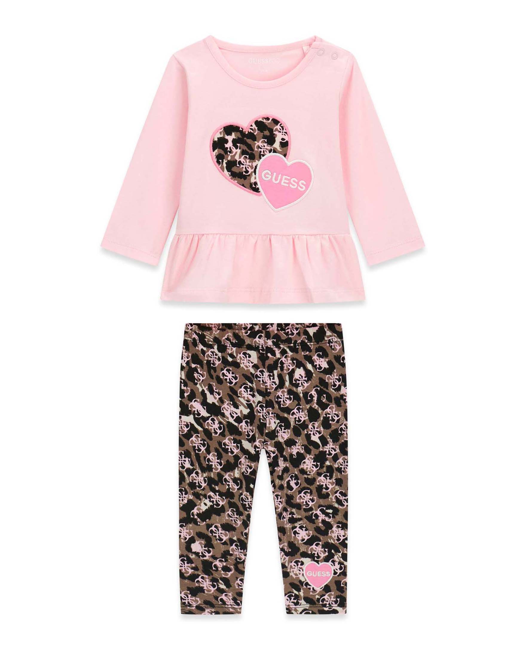 Completo con T-shirt e leggings Guess rosa in misto cotone con logo ricamato