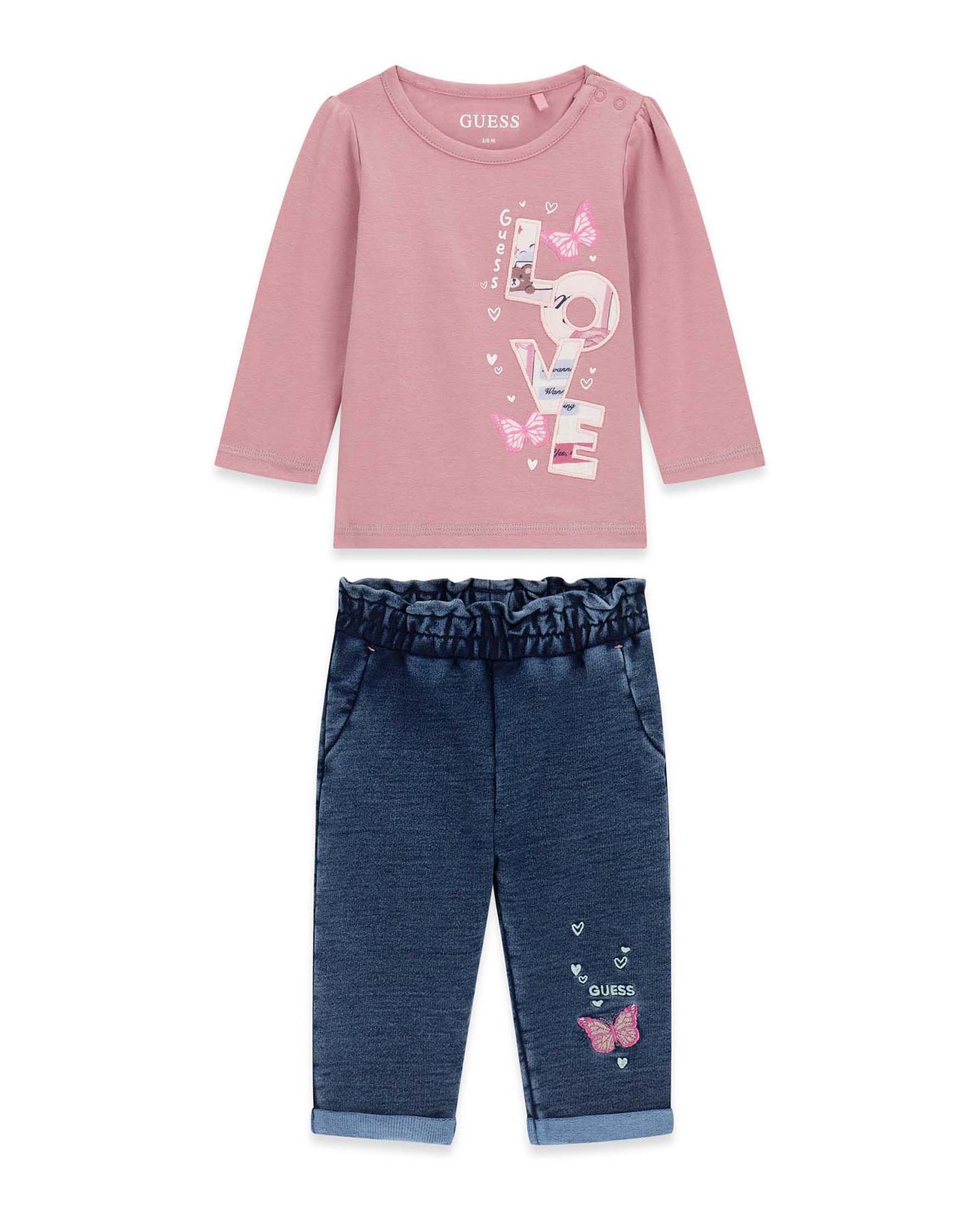 Completo T-shirt e pantaloni Guess rosa e lavaggio scuro con stampa e ricamo