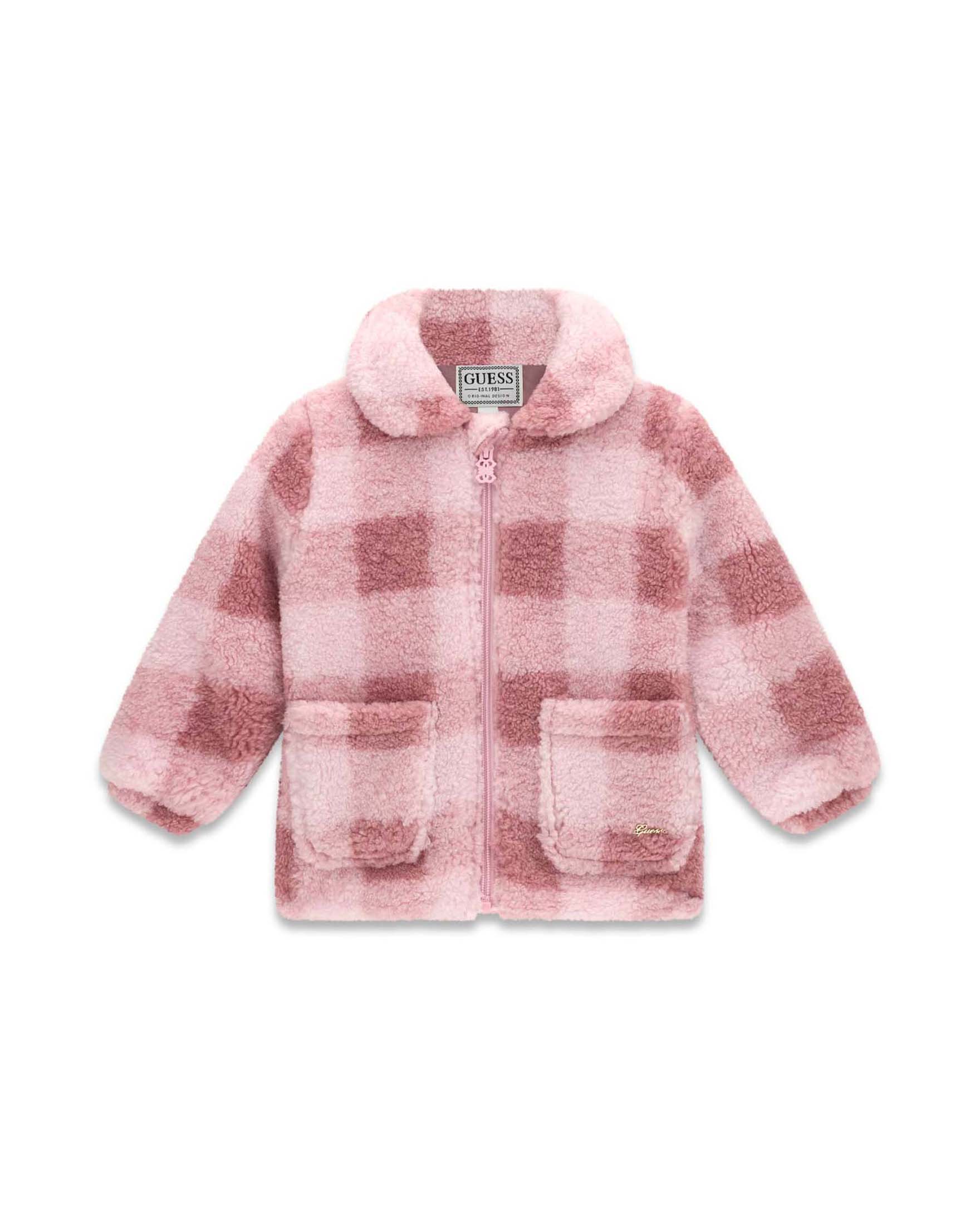 Giaccone Guess Kids rosa effetto orsetto a quadri con logo metallico