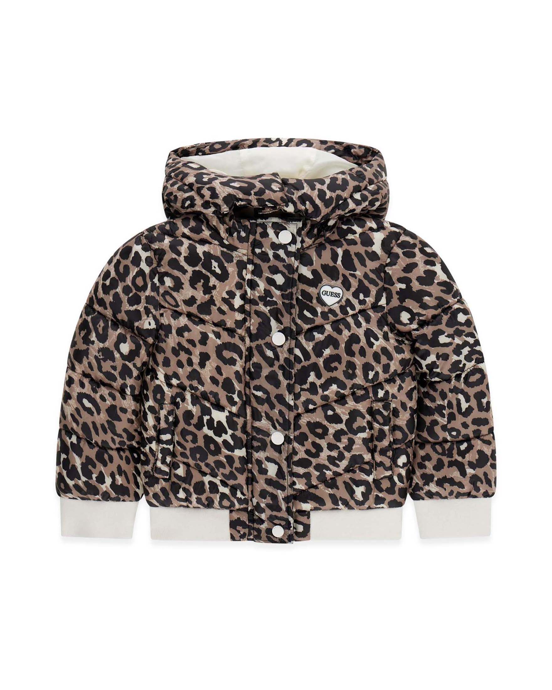 Giaccone imbottito Guess con stampa maculata e patch logo a cuore