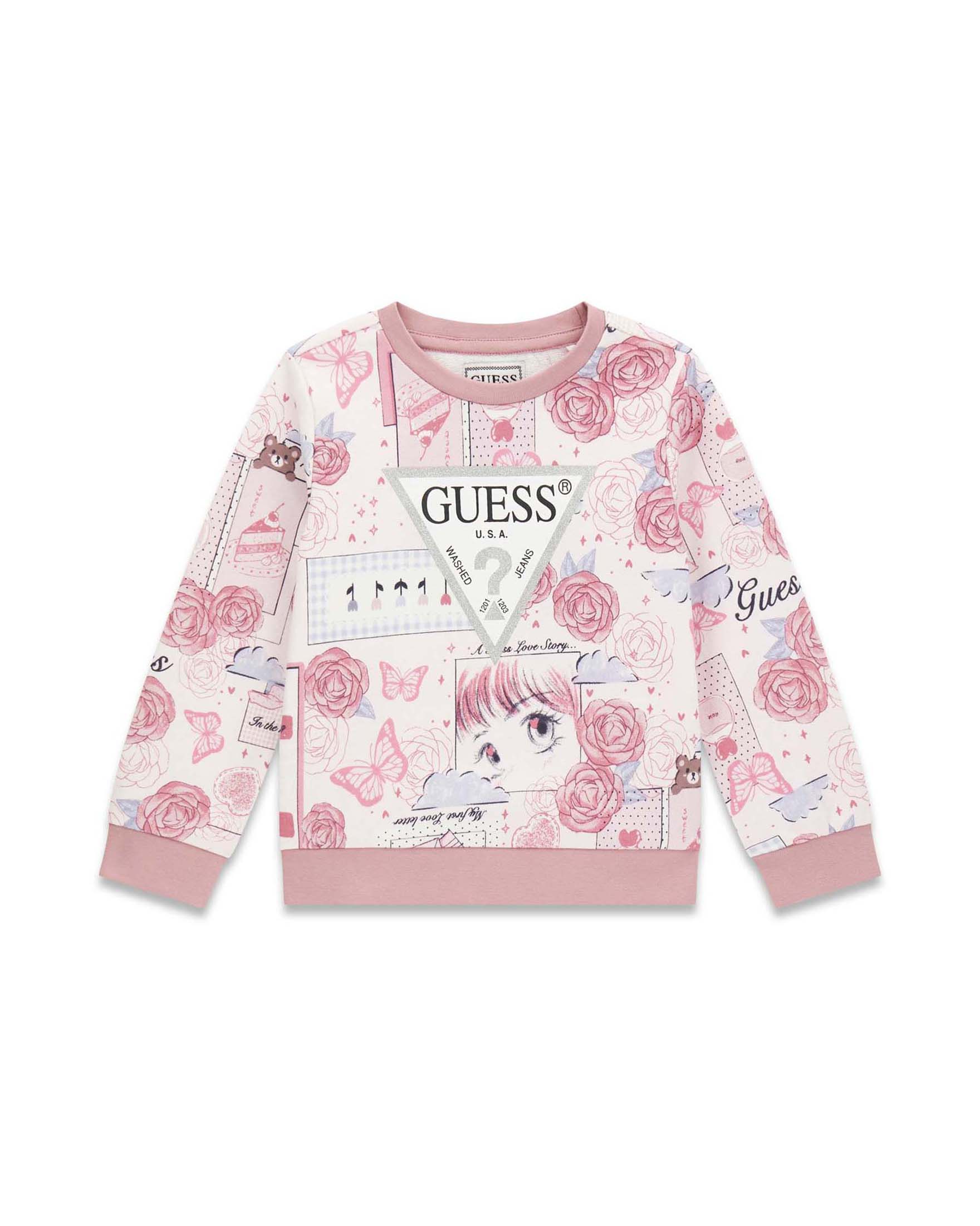 Felpa girocollo Guess rosa in cotone con stampa fantasia e logo stampato