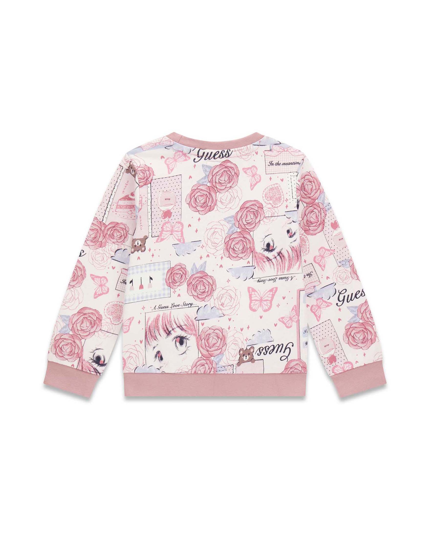 Felpa girocollo Guess rosa in cotone con stampa fantasia e logo stampato image