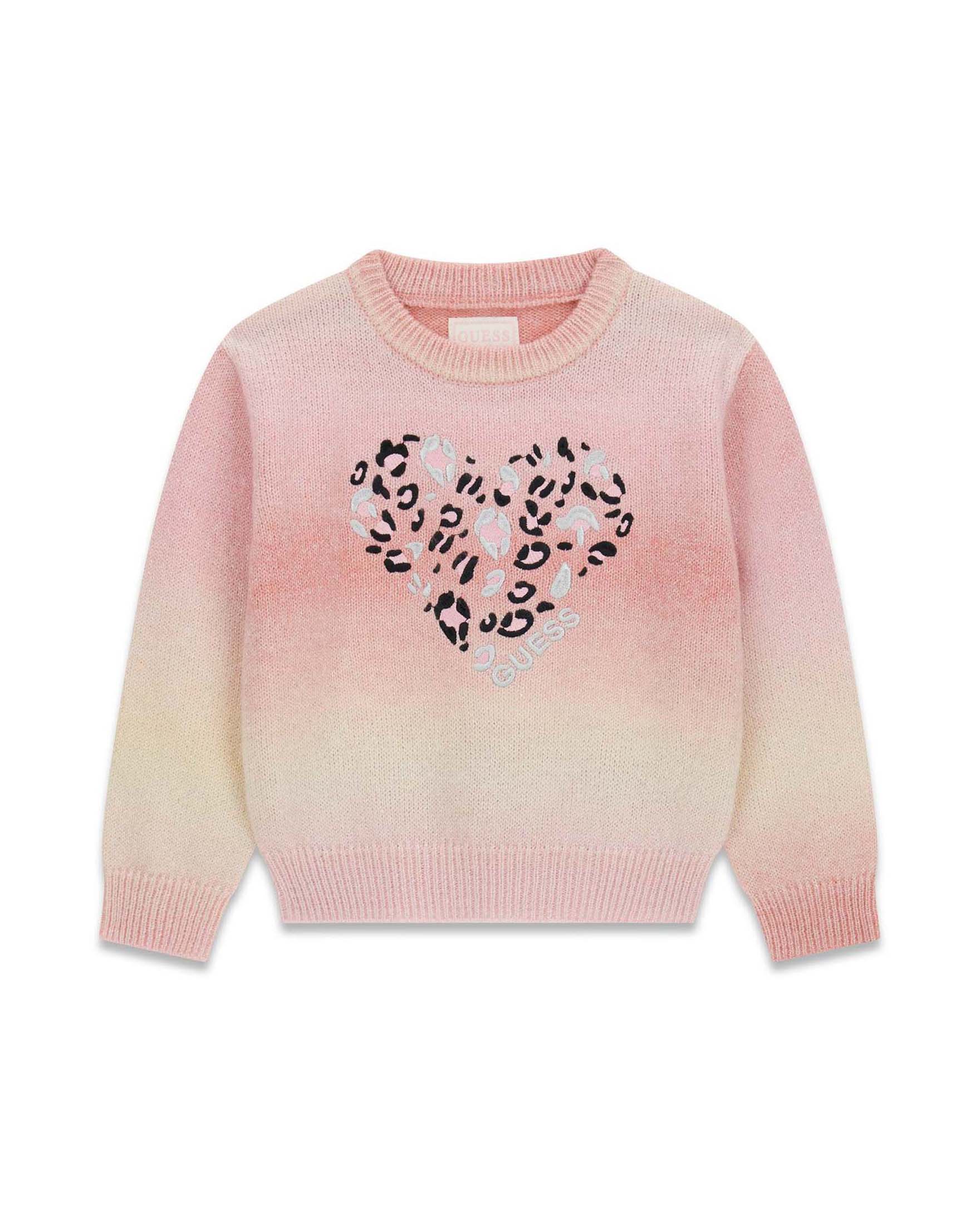 Maglia Guess rosa in misto acrilico con cuore leopardato e logo ricamato