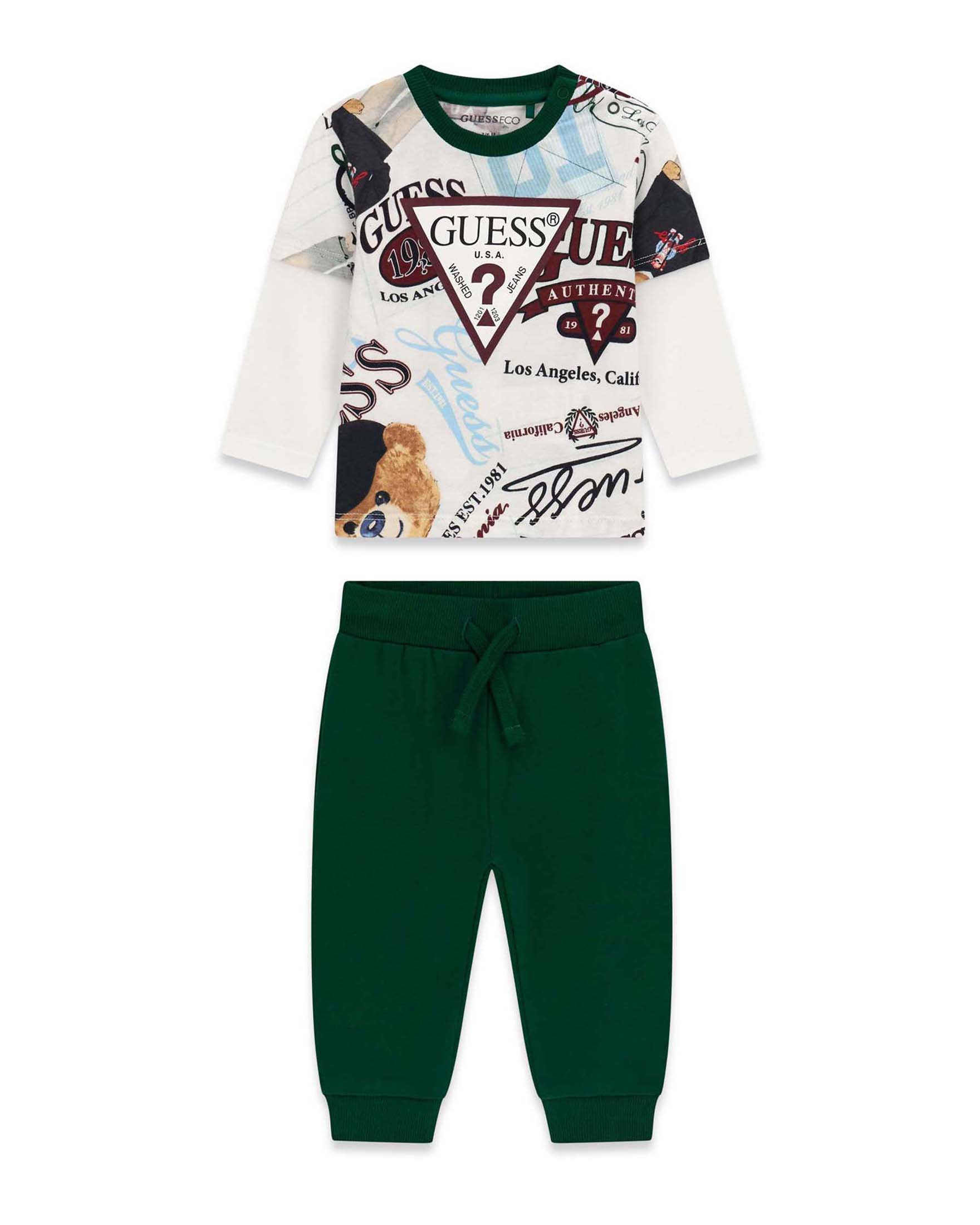 Completo con T-shirt Guess verde scuro e multicolor in cotone con stampa logo