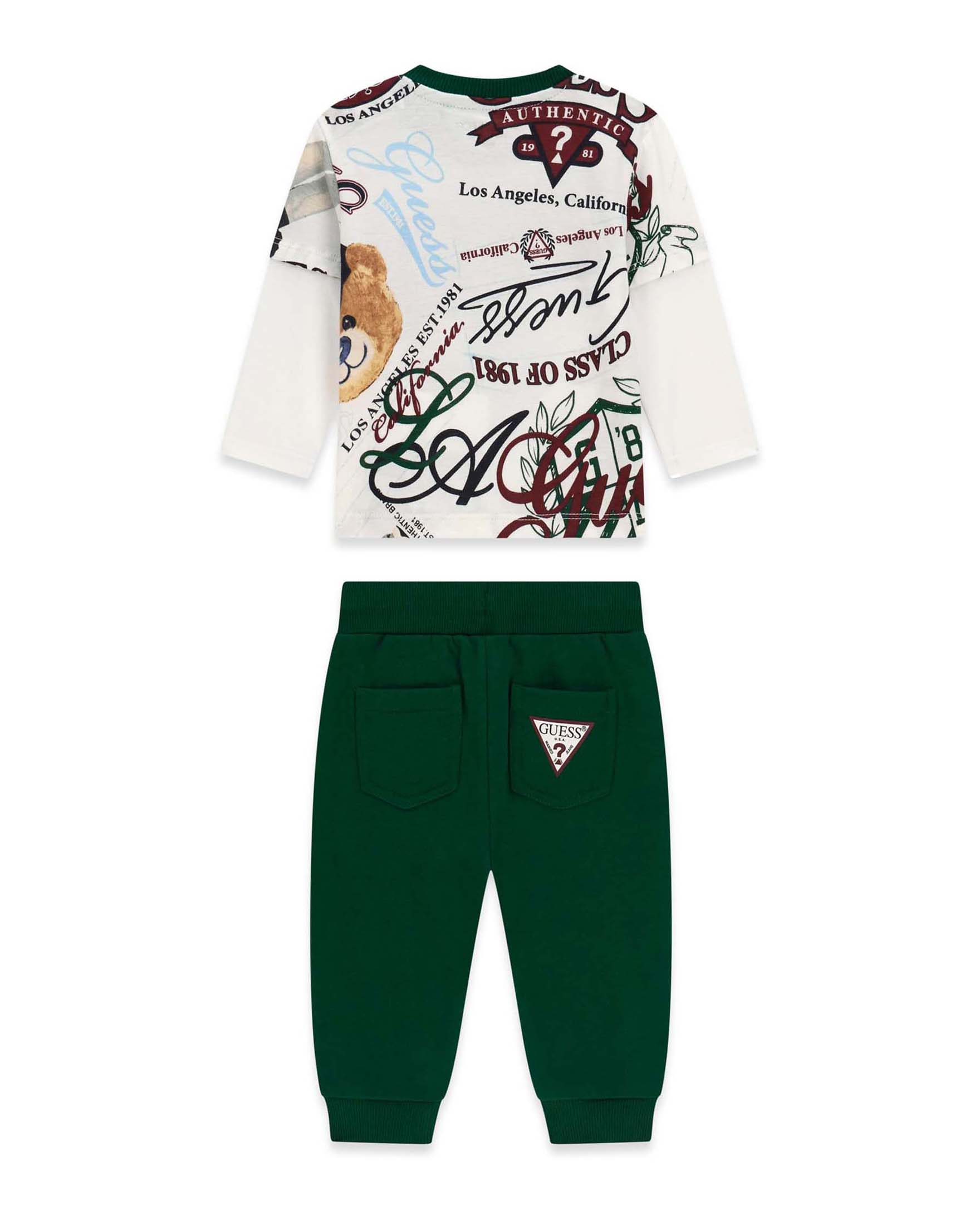 Completo con T-shirt Guess verde scuro e multicolor in cotone con stampa logo image