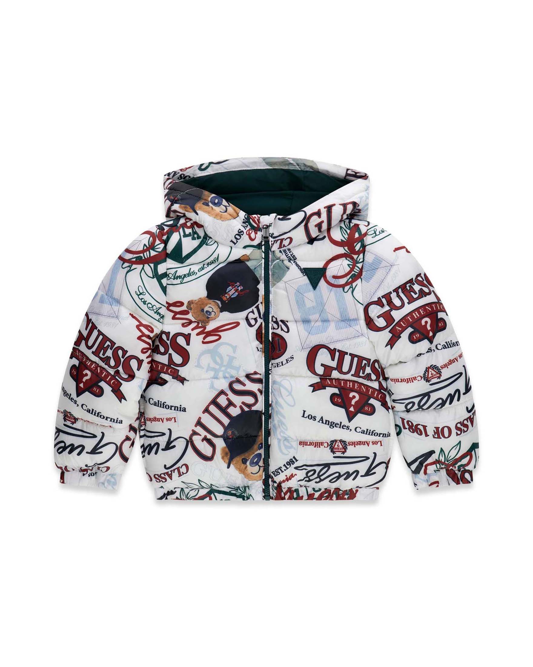 Giaccone imbottito Guess bianco con stampa multicolore di orsetti e logo