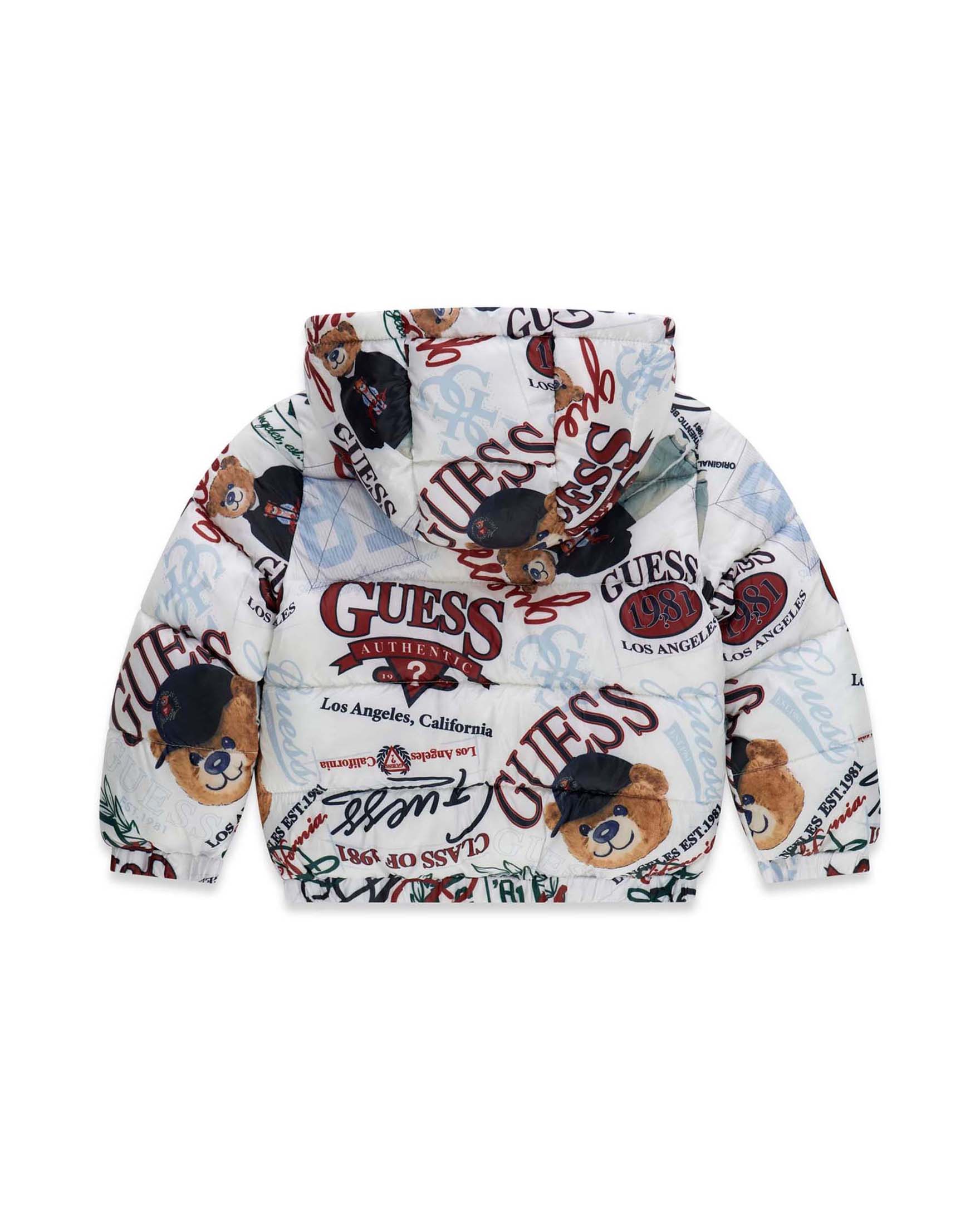Giaccone imbottito Guess bianco con stampa multicolore di orsetti e logo image