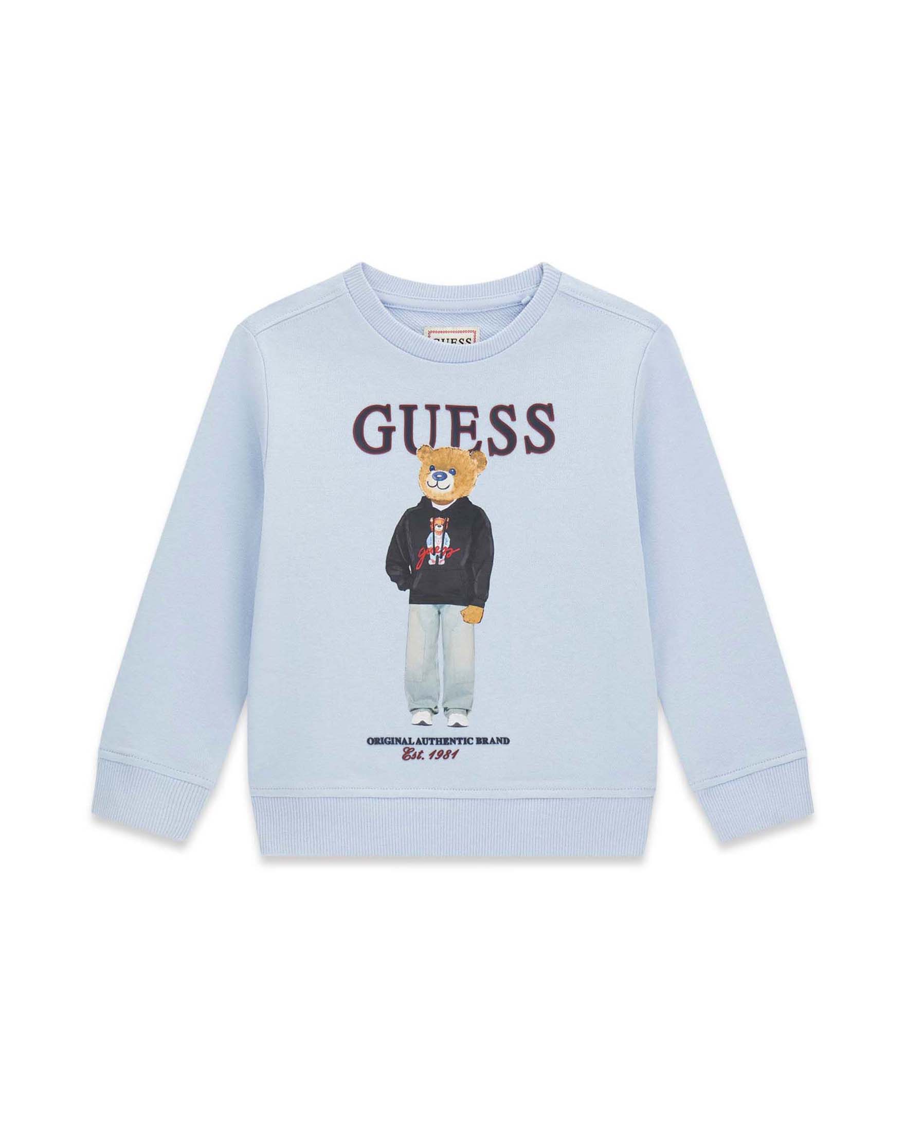 Felpa Guess azzurra in cotone con stampa orsetto e logo