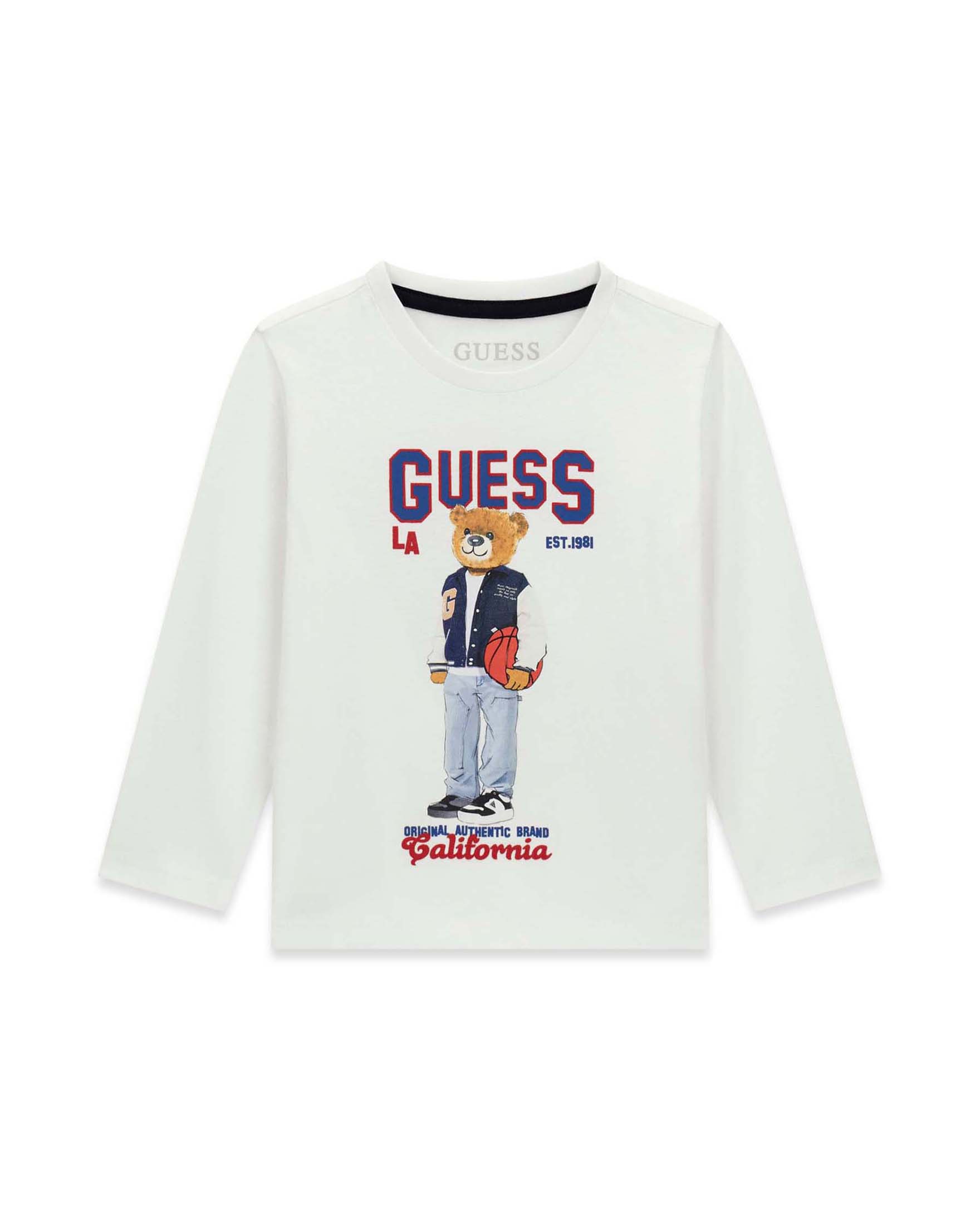 T-shirt manica lunga Guess bianca in cotone con stampa orsetto e logo