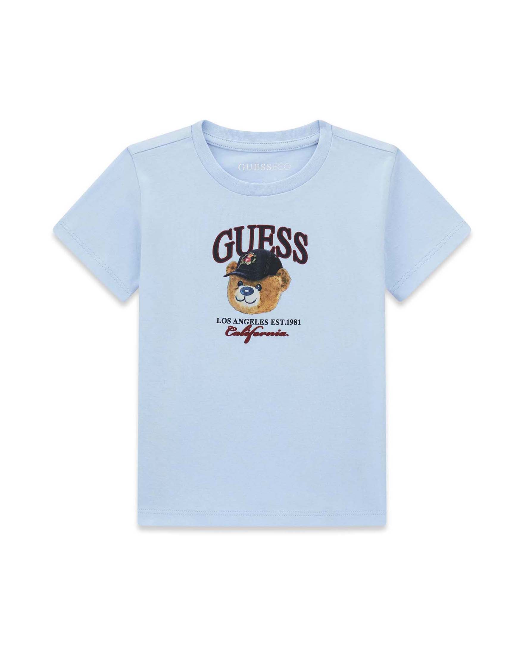 T-shirt mezza manica Guess azzurra in cotone con stampa orsetto e logo
