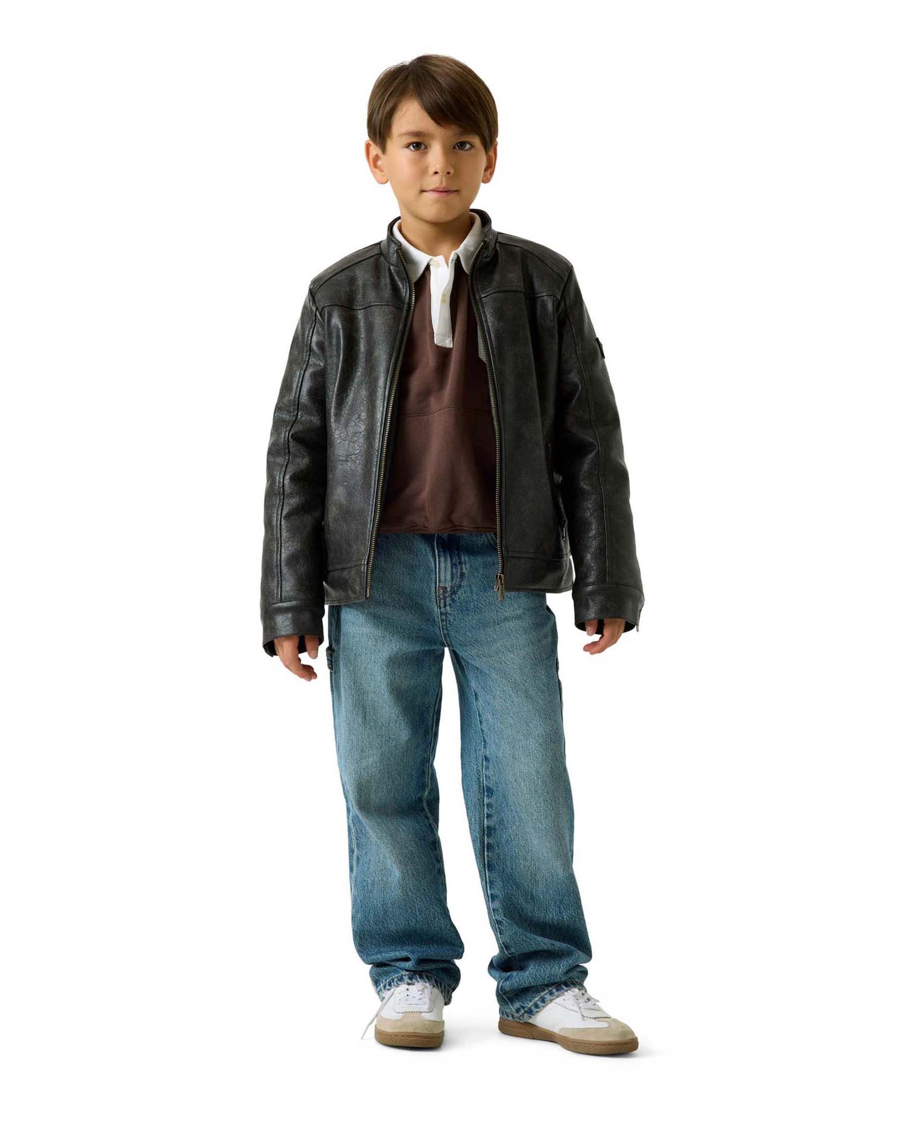 Giacca biker Guess nera in similpelle con logo ricamato sul retro