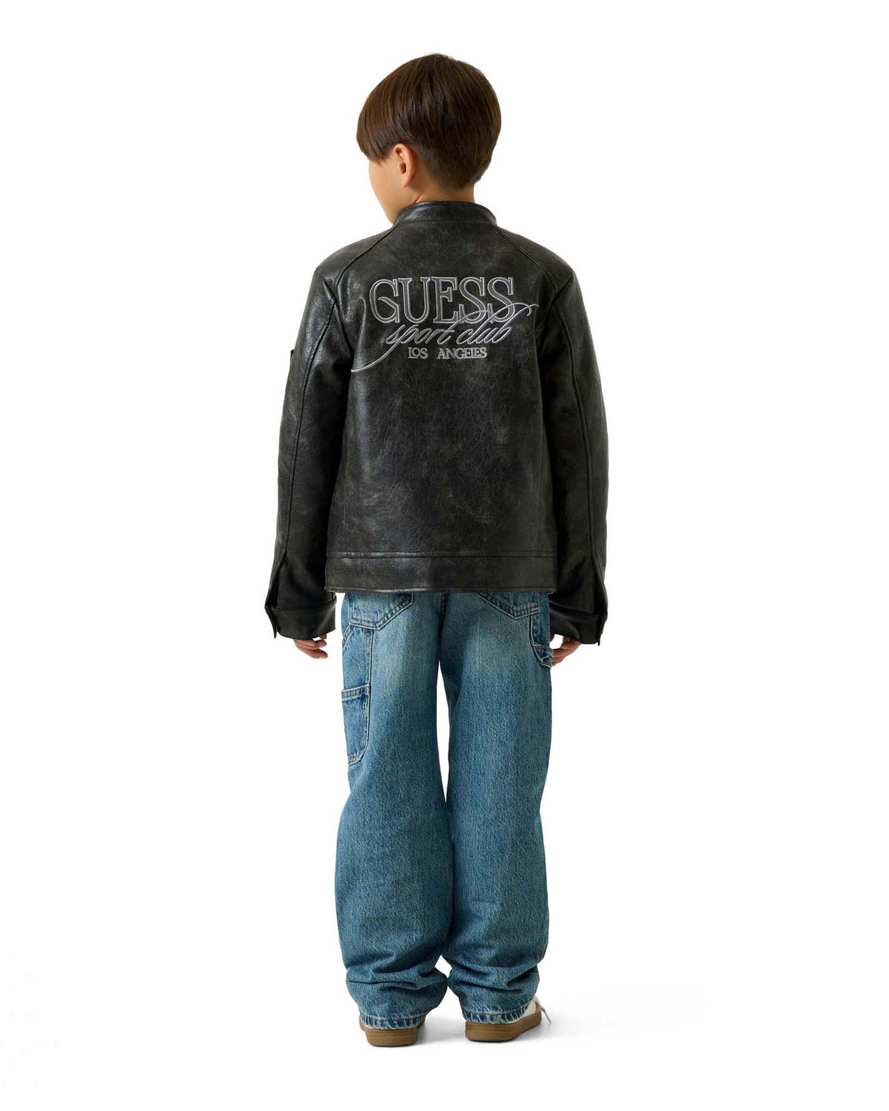 Giacca biker Guess nera in similpelle con logo ricamato sul retro image