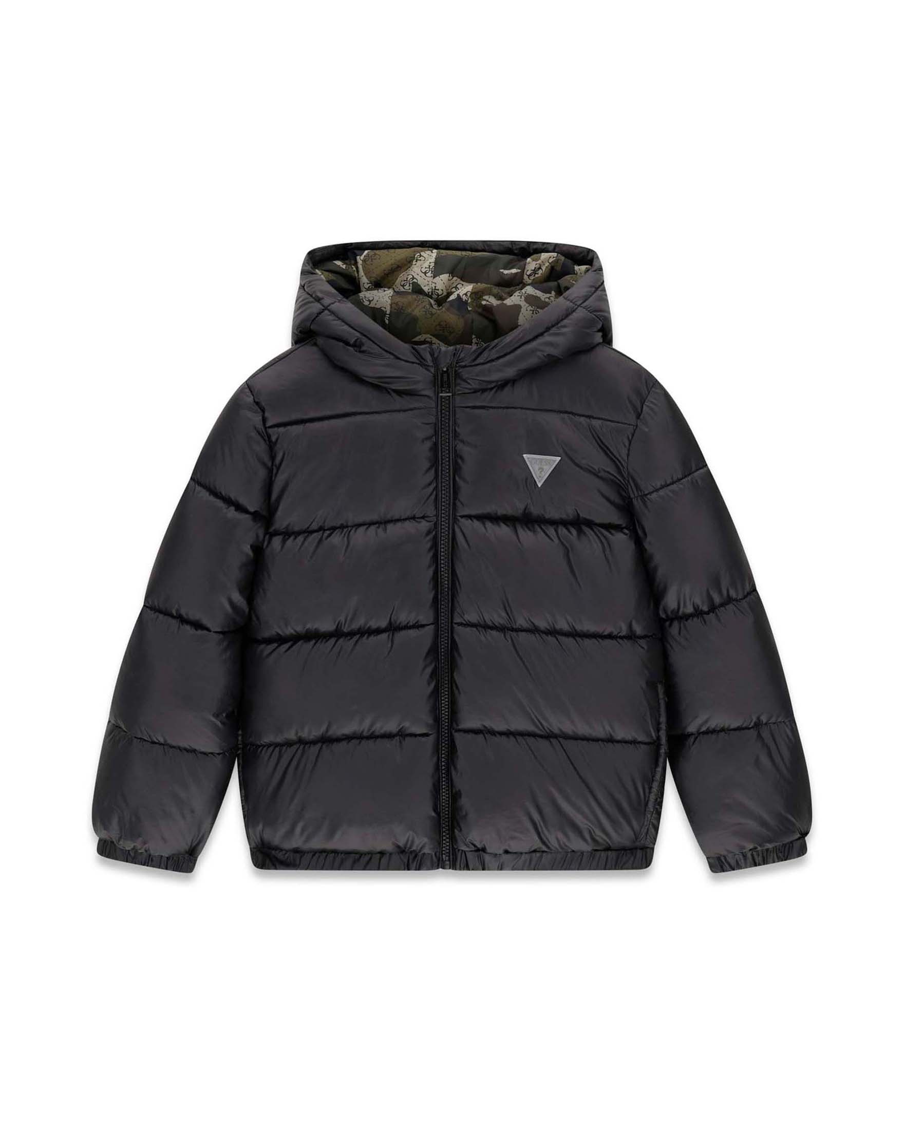 Piumino trapuntato Guess nero lucido con cappuccio e patch logo