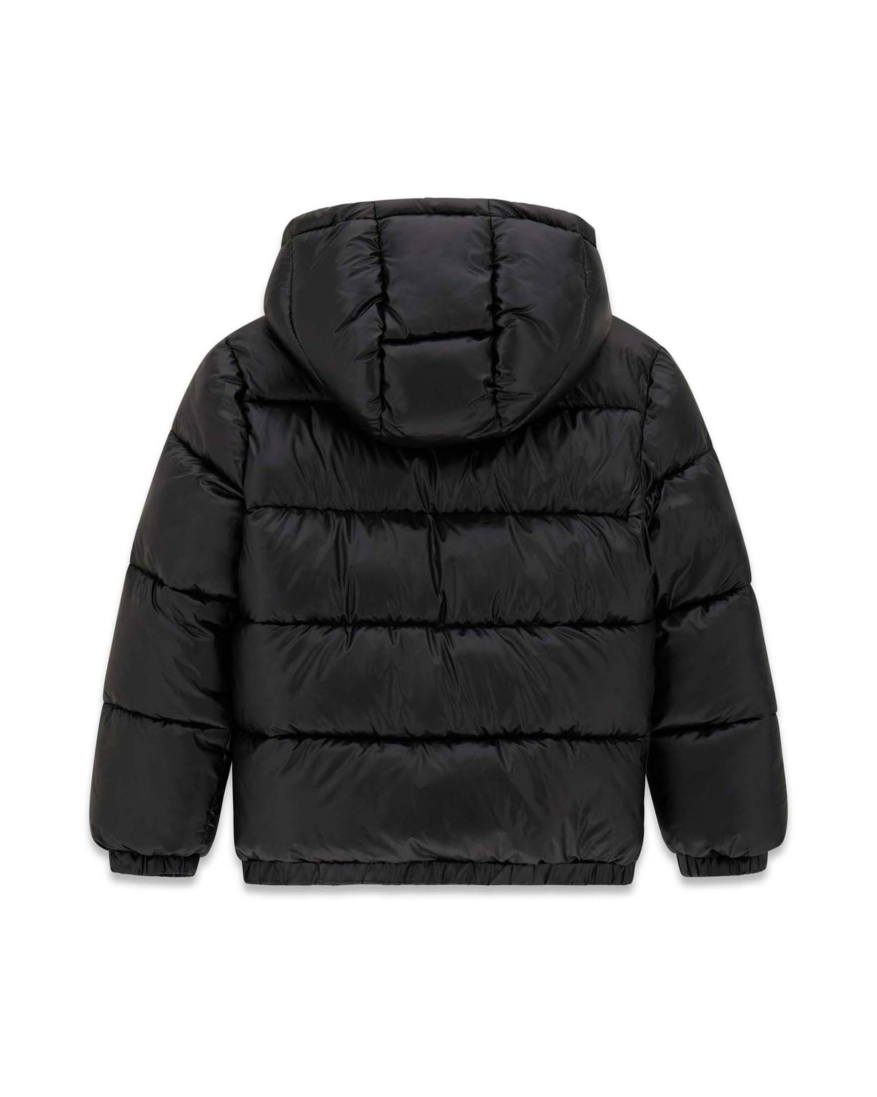 Piumino trapuntato Guess nero lucido con cappuccio e patch logo image