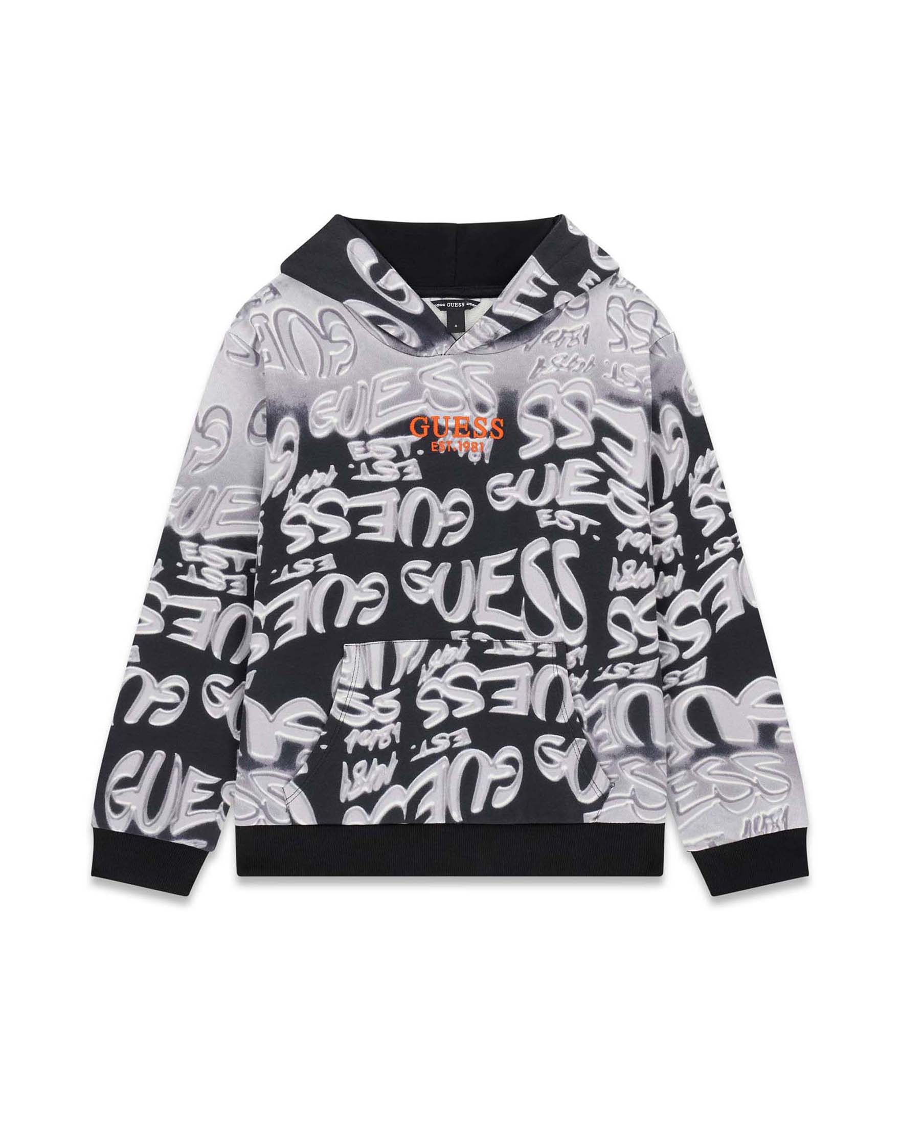 Felpa con cappuccio Guess nera in cotone con stampa graffiti e logo ricamato