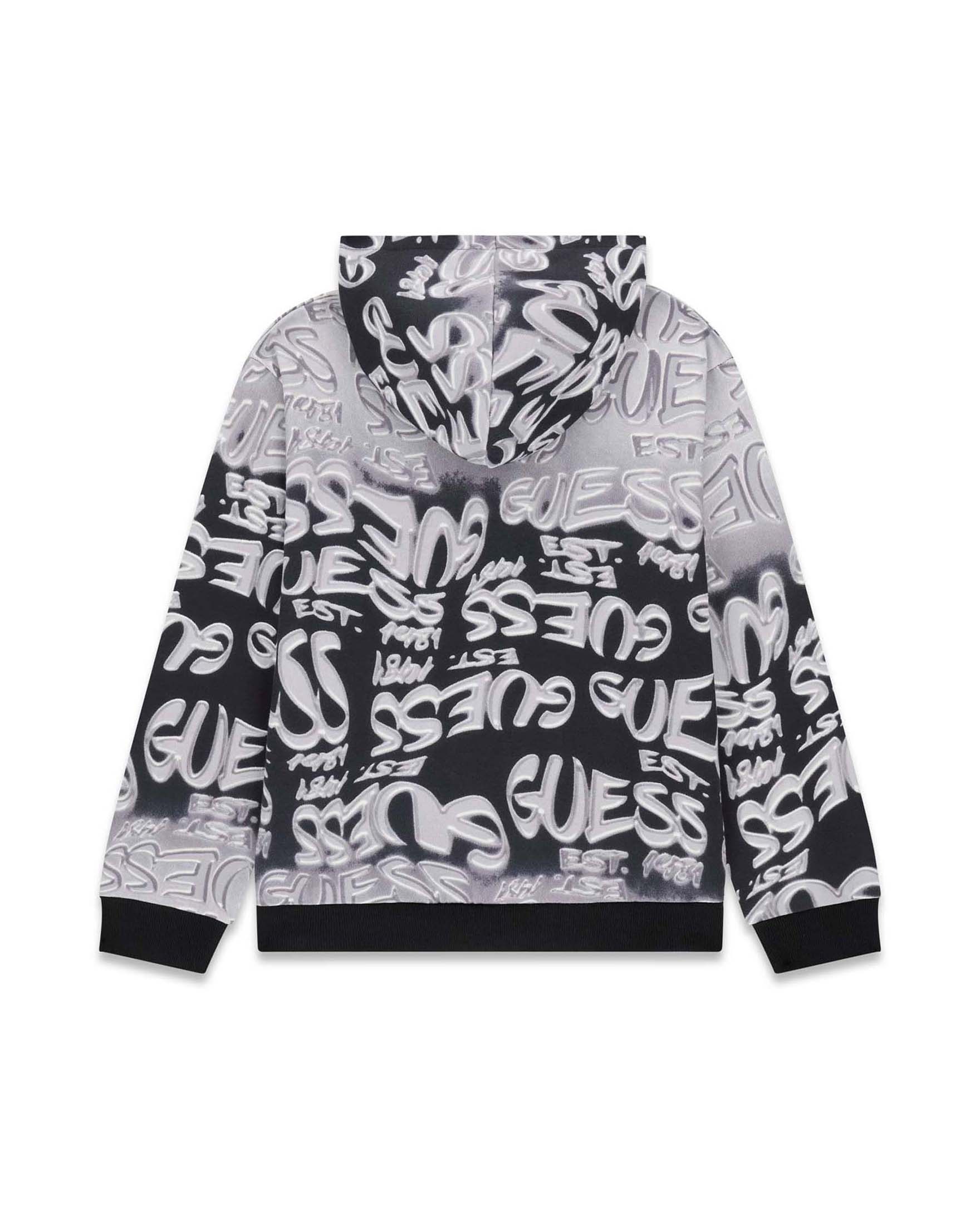Felpa con cappuccio Guess nera in cotone con stampa graffiti e logo ricamato image
