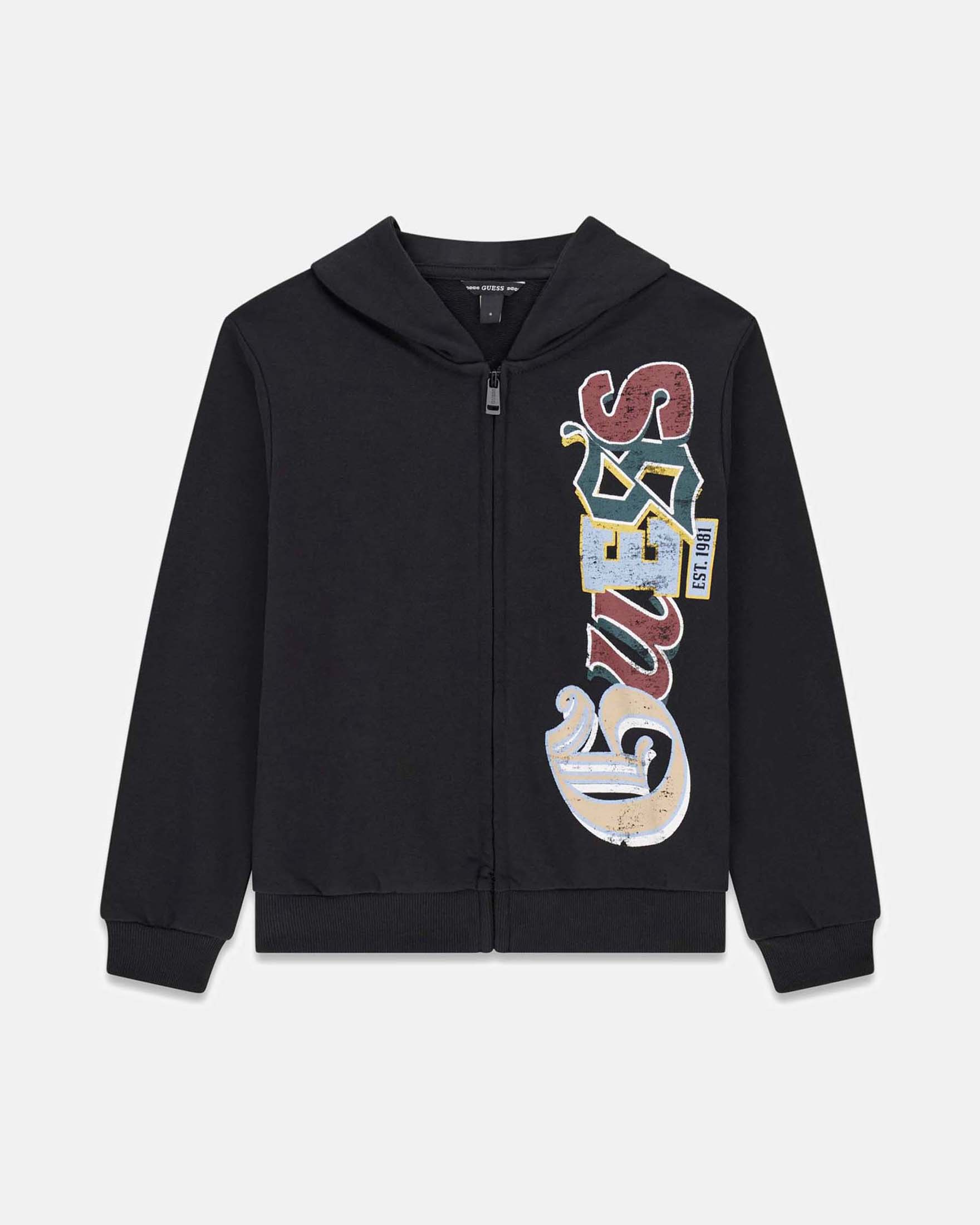 Felpa con zip e cappuccio Guess nera in cotone con stampa logo colorata