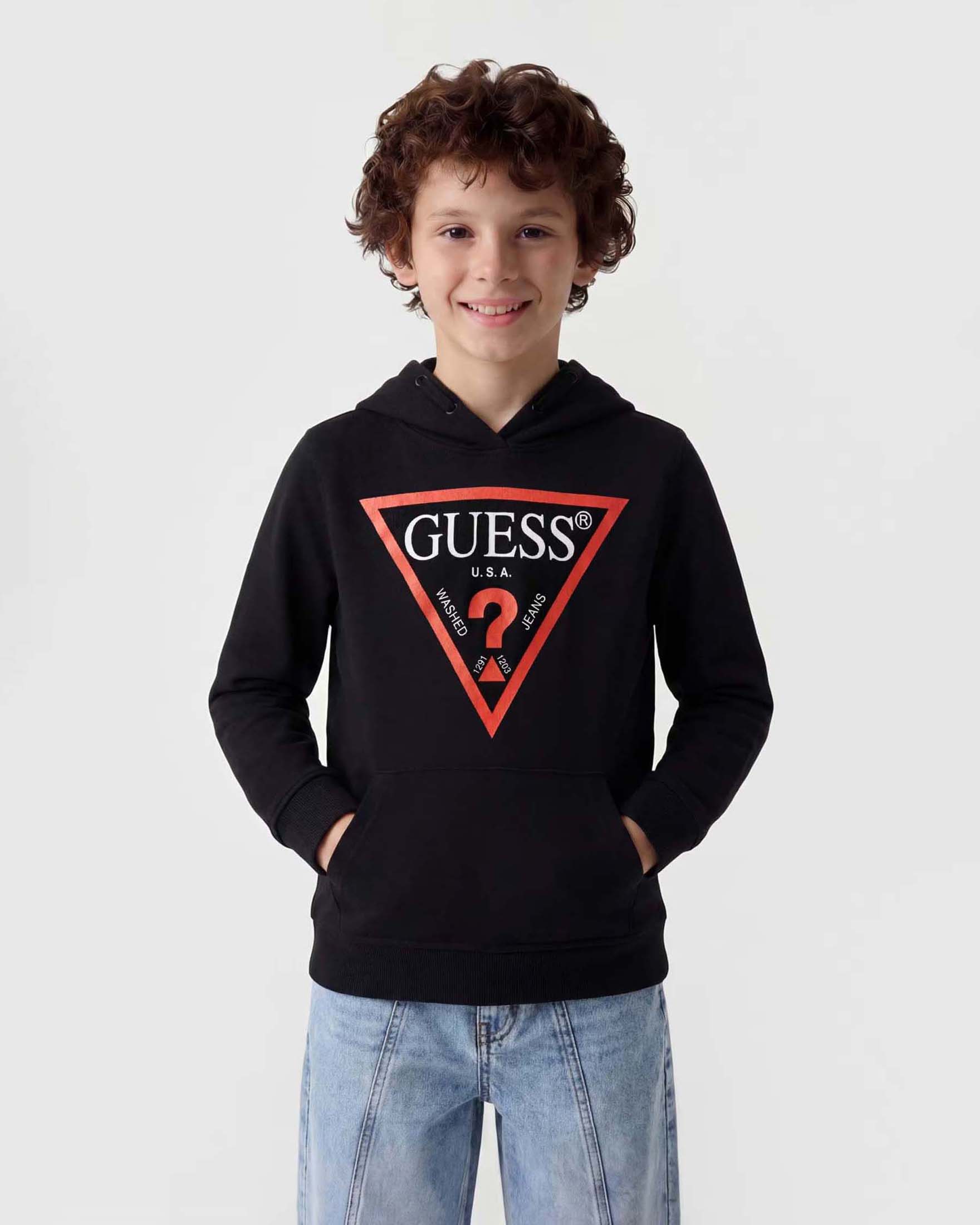 Felpa con cappuccio Guess nera in cotone con stampa logo a triangolo