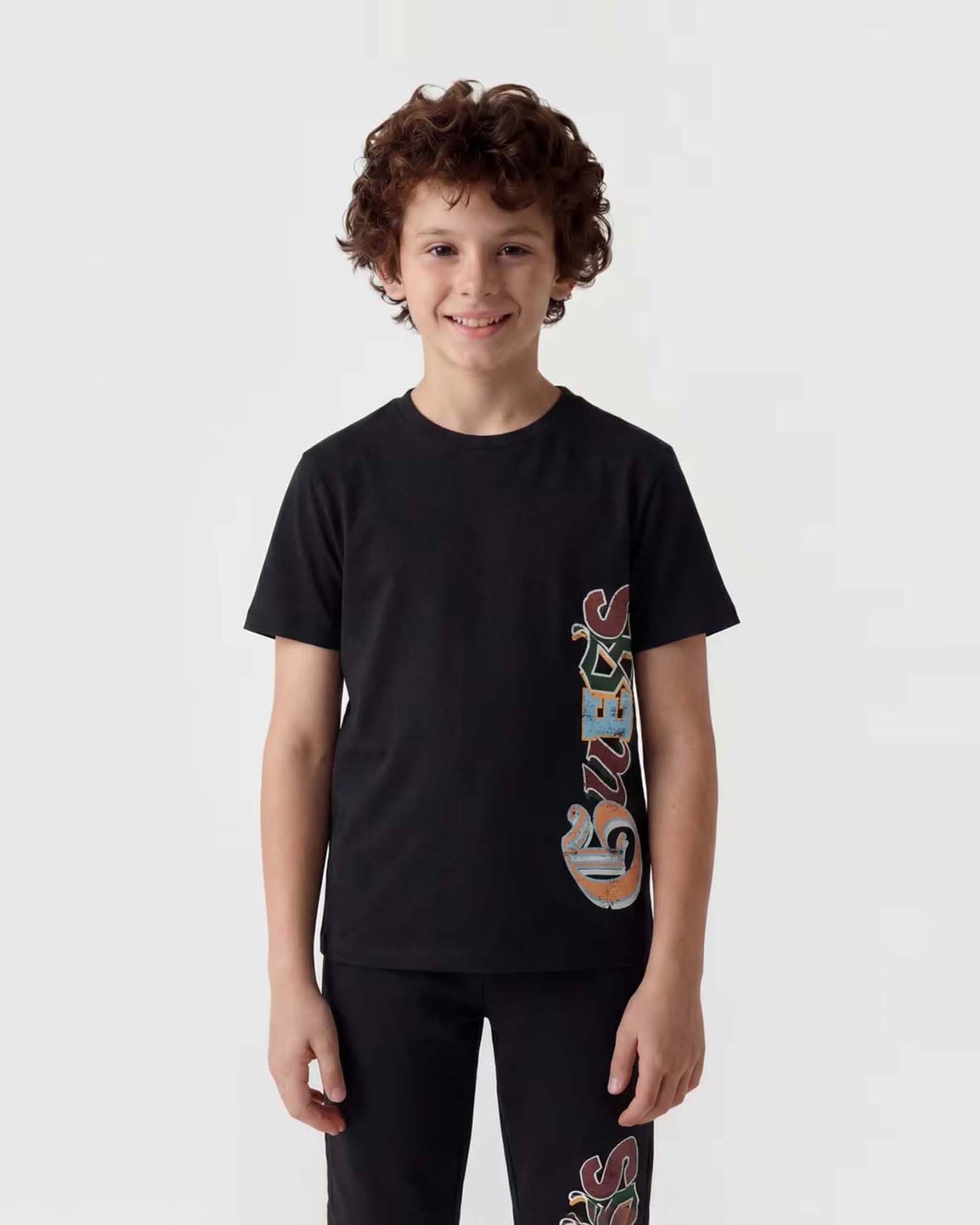 T-shirt mezza manica Guess Kids nera in cotone con stampa logo