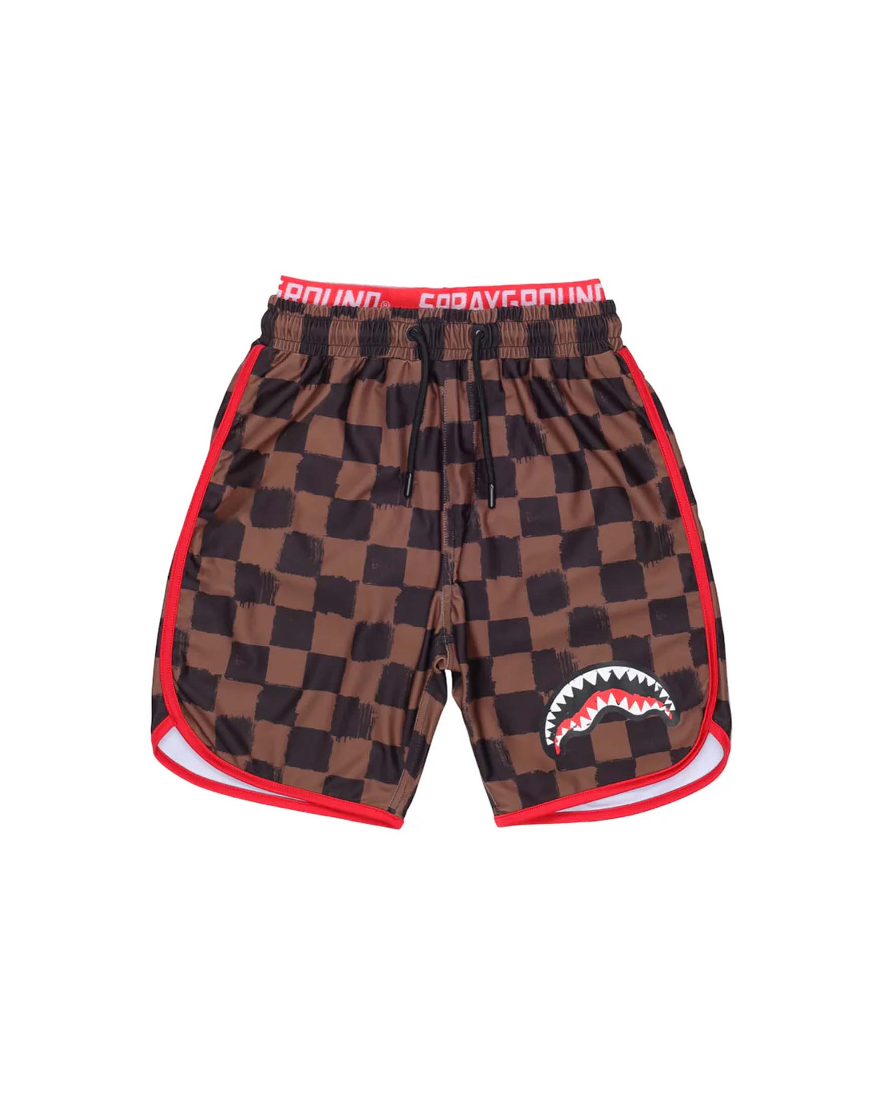 Boxer Sprayground nero e marrone in damier con bordi rossi ed elastico logato