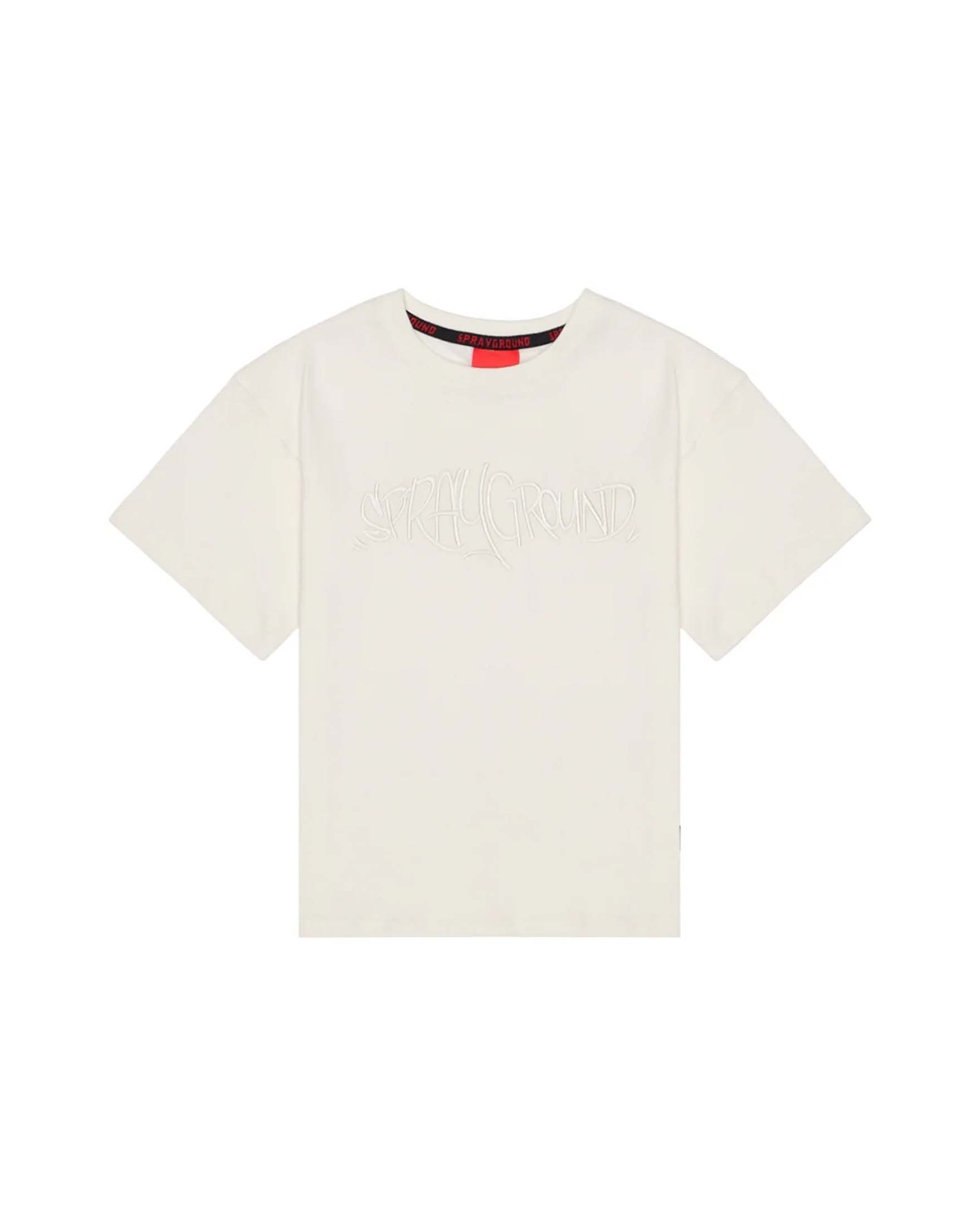 T-shirt avorio Sprayground in puro cotone con scritta ricamata sul petto