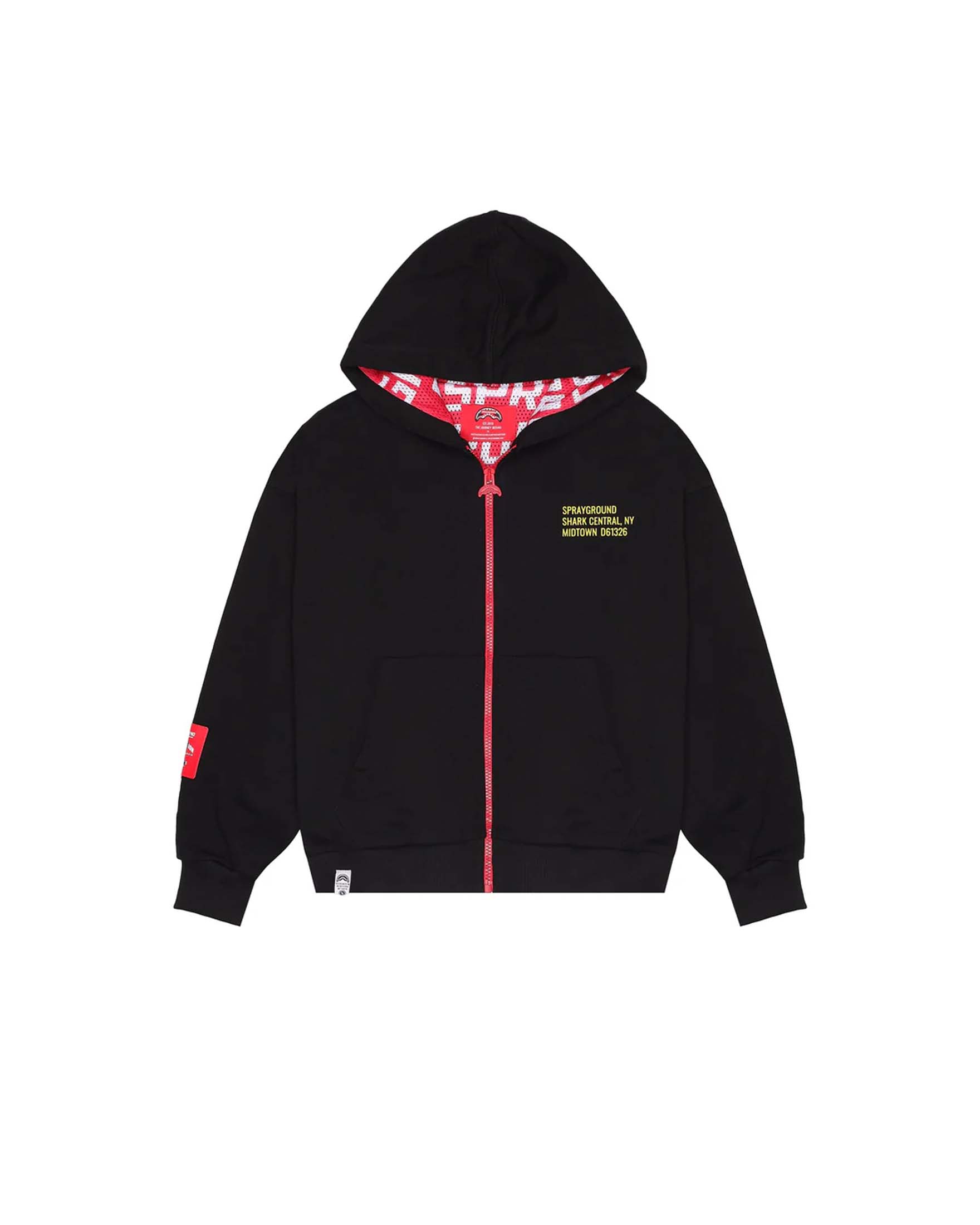 Felpa nera Sprayground con cappuccio e zip ed interno rosso