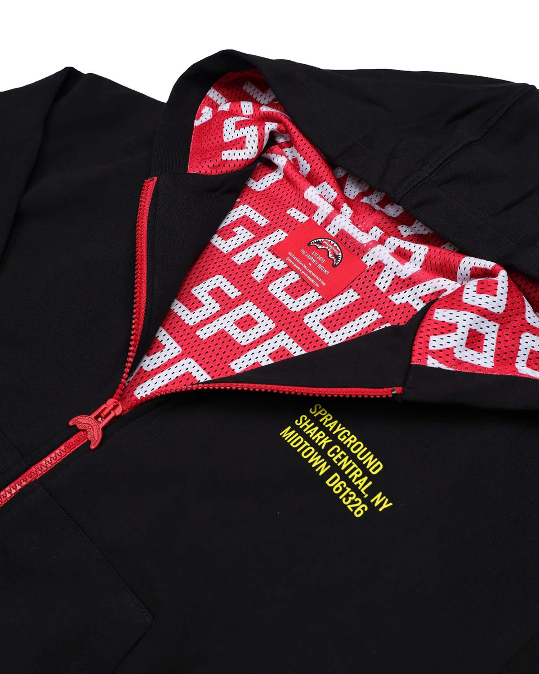 Felpa nera Sprayground con cappuccio e zip ed interno rosso image