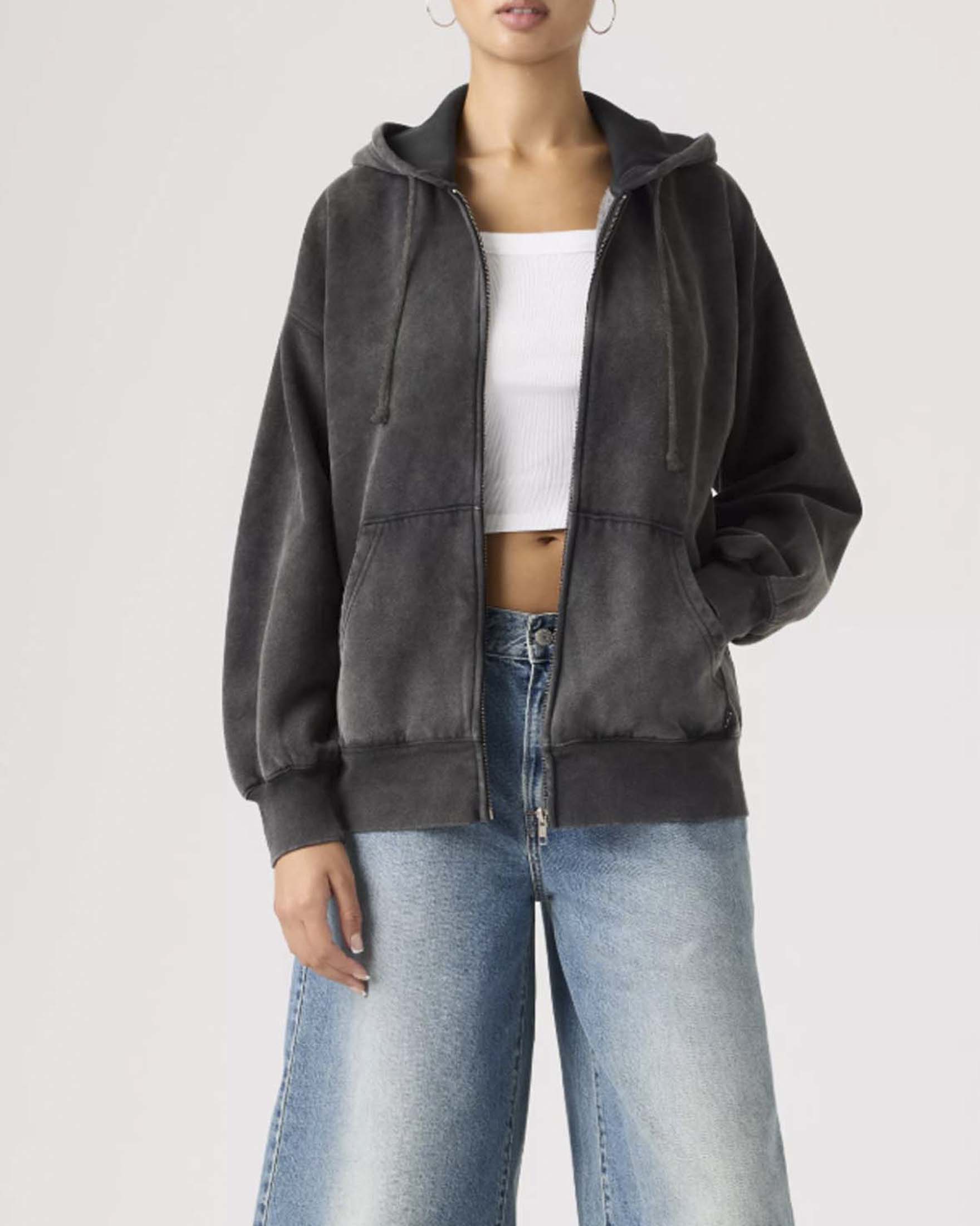 Levi's — Felpa con cappuccio e zip Vintage Oversized Levi's nera in cotone garzato grunge wash