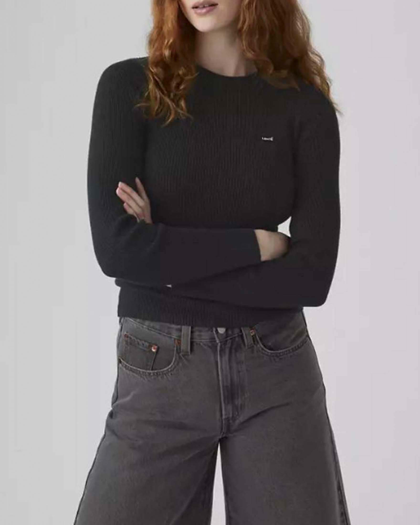 Levi's — Maglione girocollo Levi's nero in cotone a coste con logo ricamato
