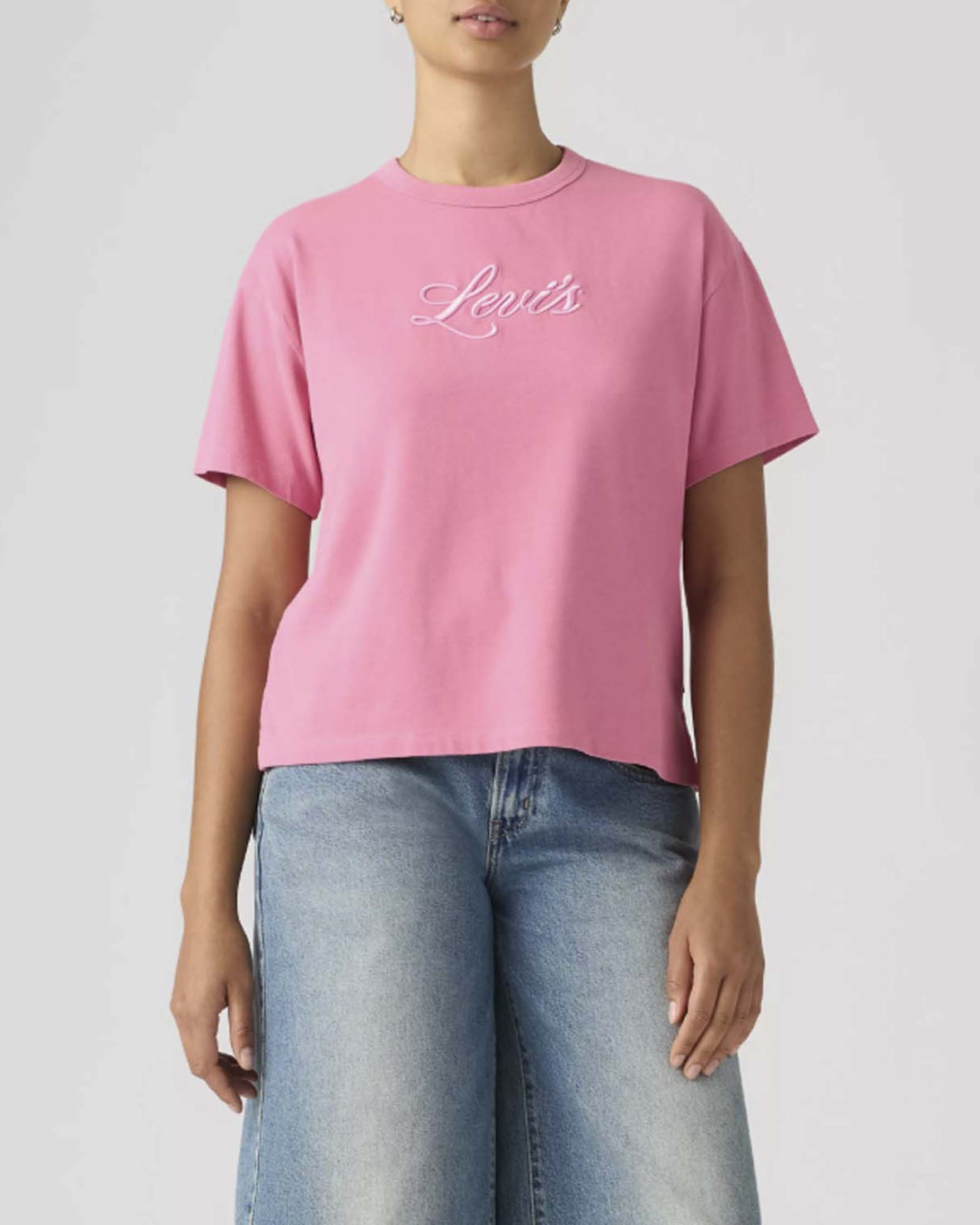 T-shirt GR Vintage Levi's rosa in cotone pesante con scritta logo ricamata tono su tono