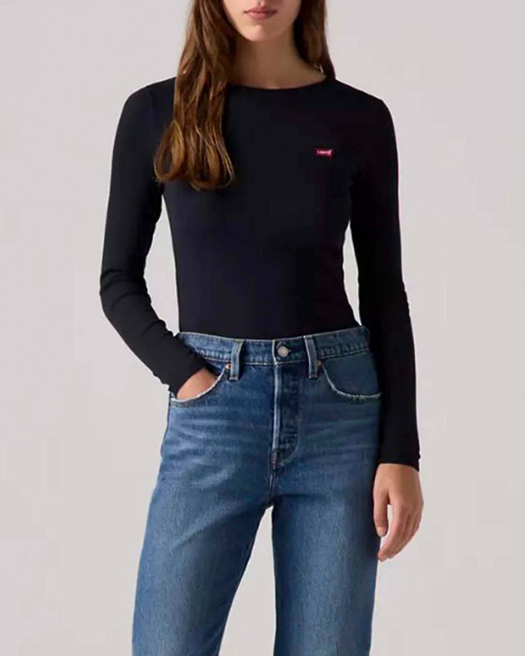 T-shirt slim a maniche lunghe Hayes Levi's nera in cotone stretch a coste con logo Red Tab ricamato
