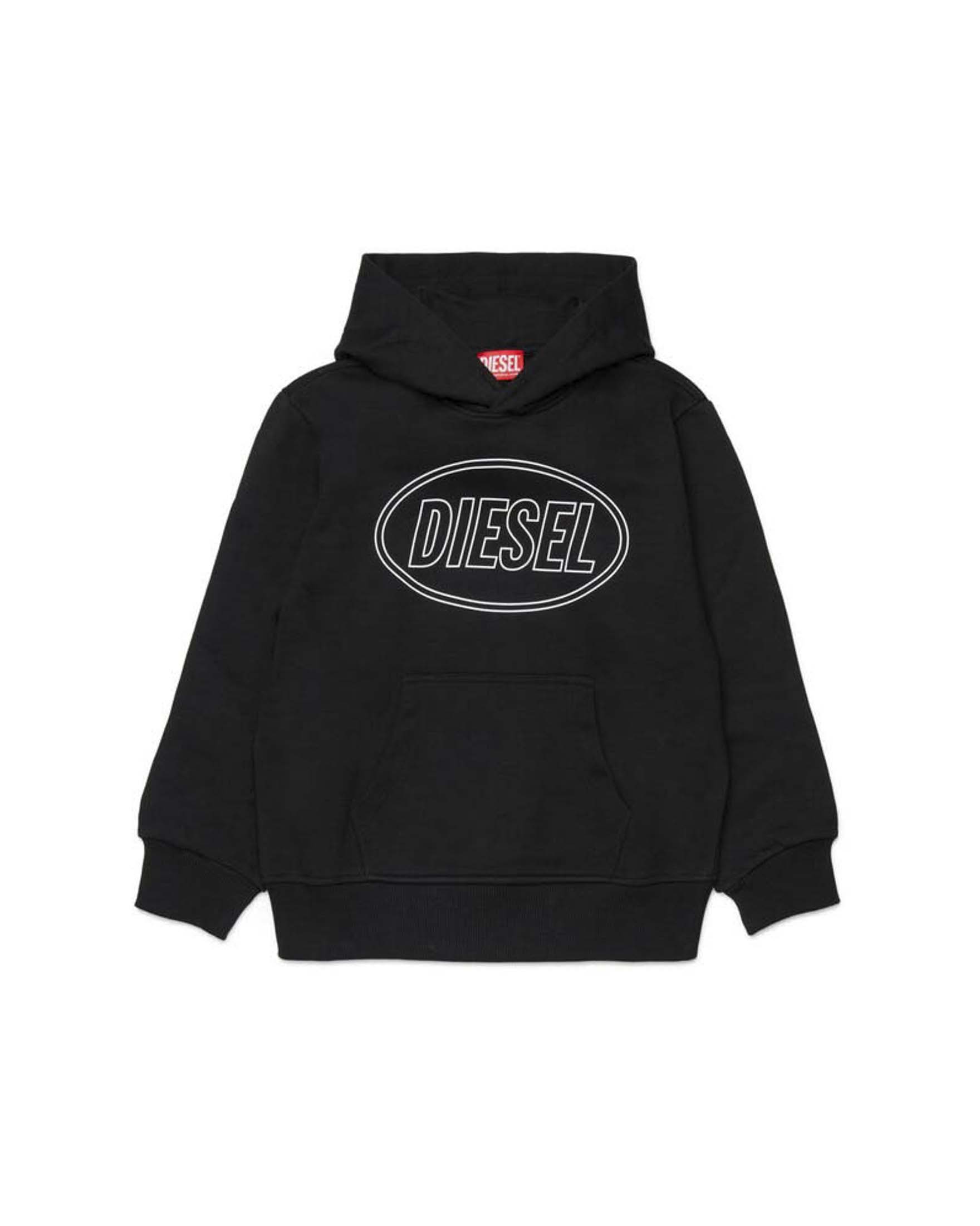 Felpa nera Diesel in puro cotone con logo icon 3D e cappuccio
