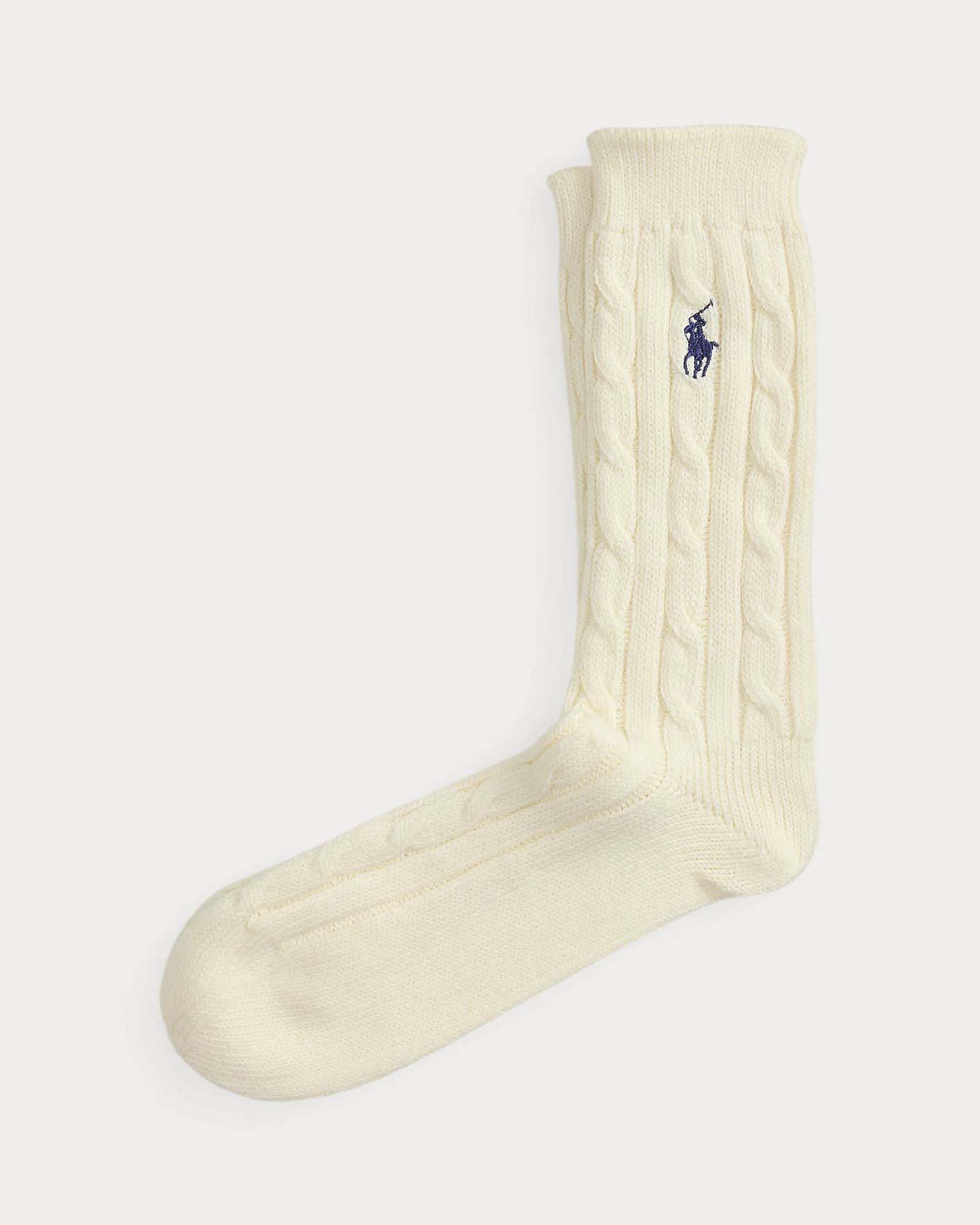 Calzini Polo Ralph Lauren color avorio in misto cotone a trecce con logo Pony ricamato