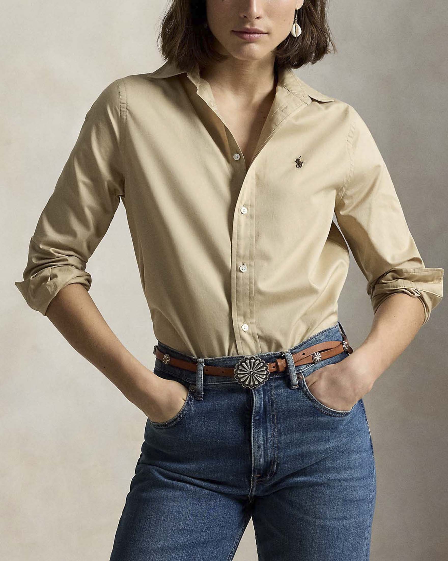 Camicia Polo Ralph Lauren cammello in popeline di cotone con Pony ricamato e carrè posteriore