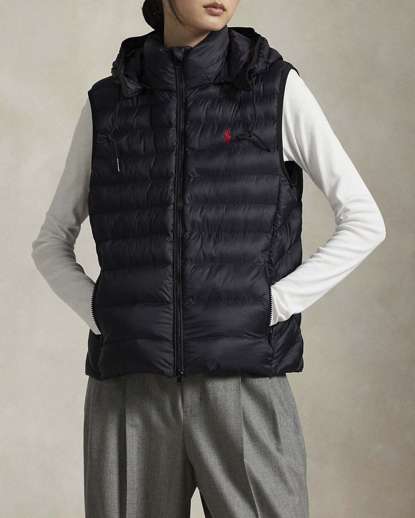 Piumino smanicato Polo Ralph Lauren idrorepellente nero con cappuccio removibile e Pony ricamato