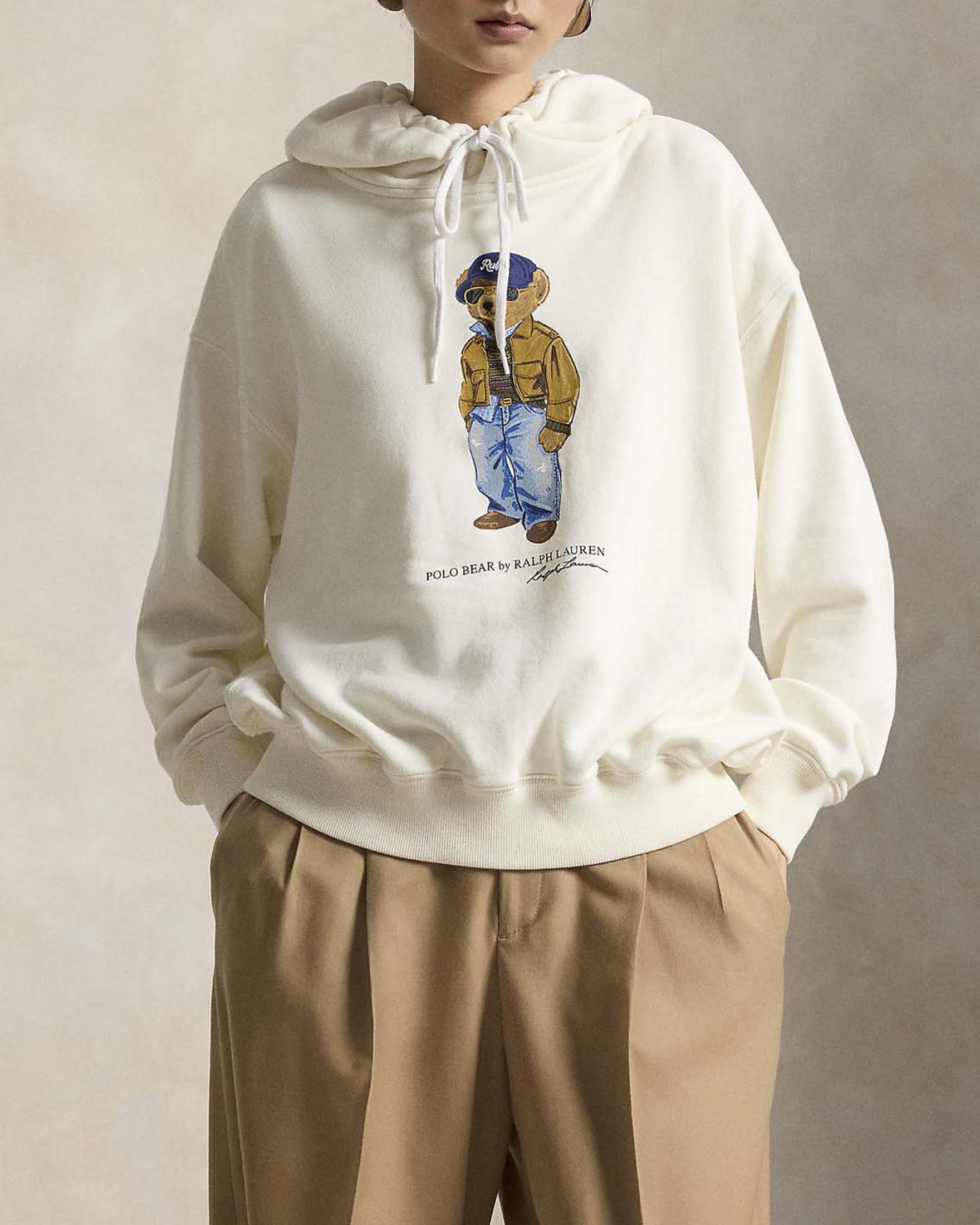 Felpa Polo Ralph Lauren bianca in cotone leggero con cappuccio e Plo Bear stampato