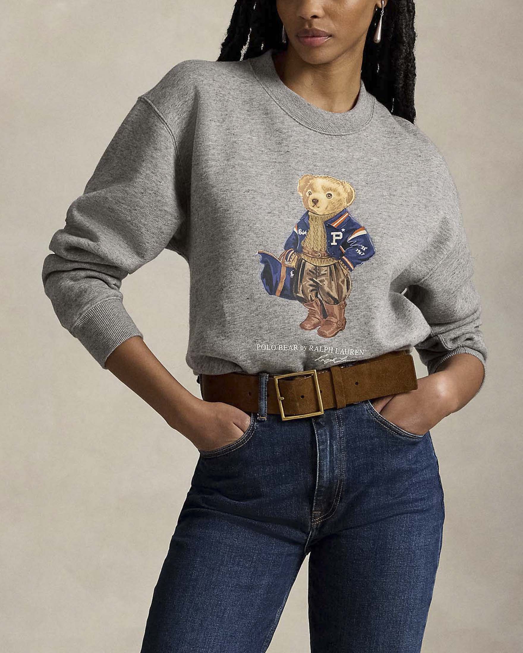 Felpa girocollo Polo Ralph Lauren grigia in cotone leggero con Polo Bear stampato e dettagli ricamati