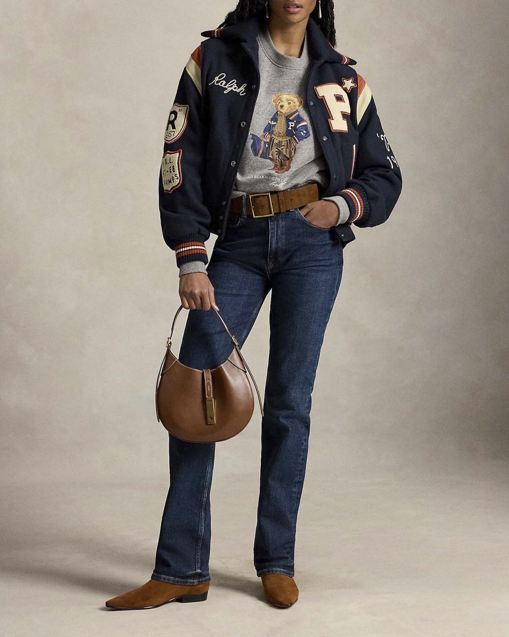 Felpa girocollo Polo Ralph Lauren grigia in cotone leggero con Polo Bear stampato e dettagli ricamati image