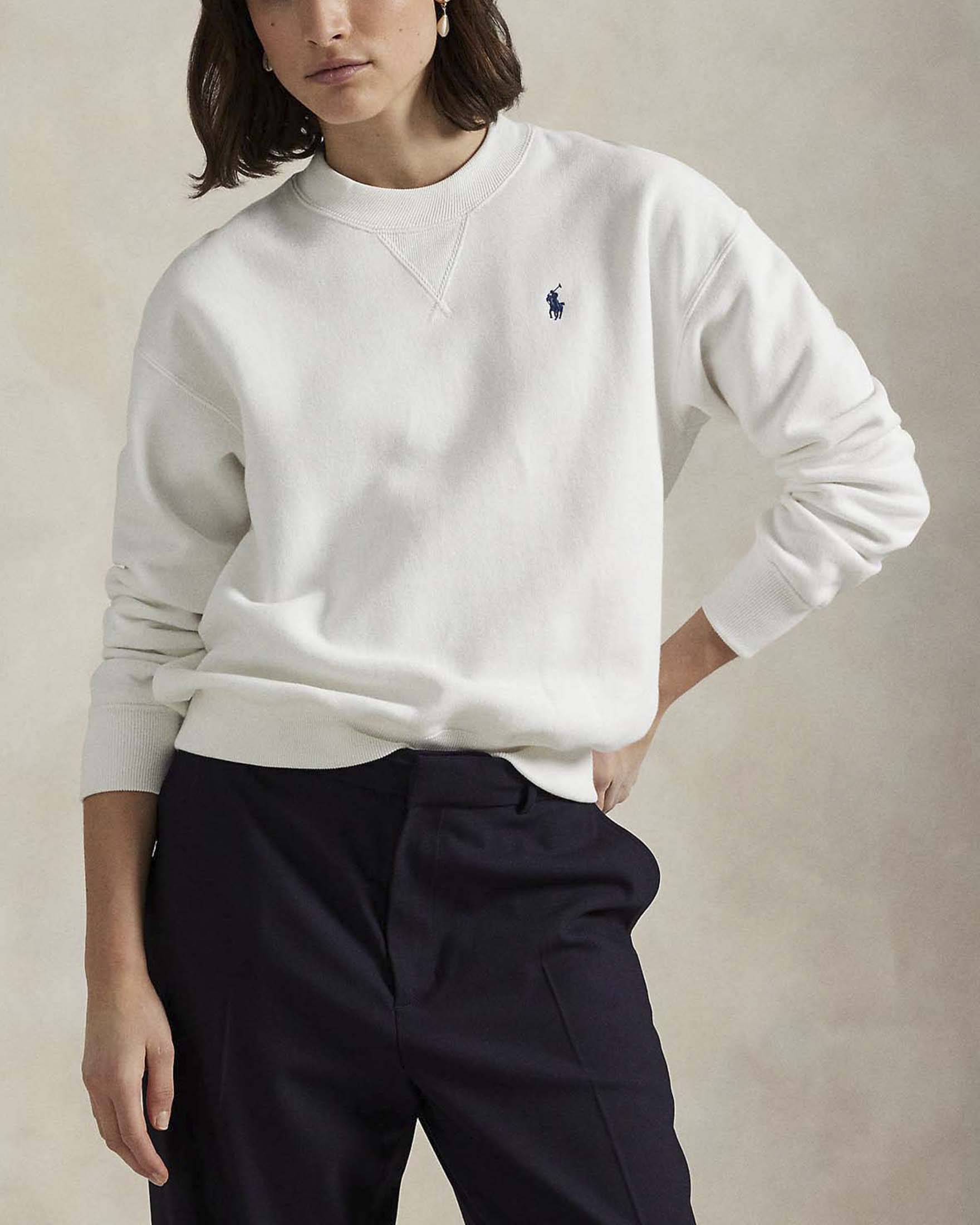 Felpa girocollo Polo Ralph Lauren bianca in cotone leggero con logo Pony ricamato