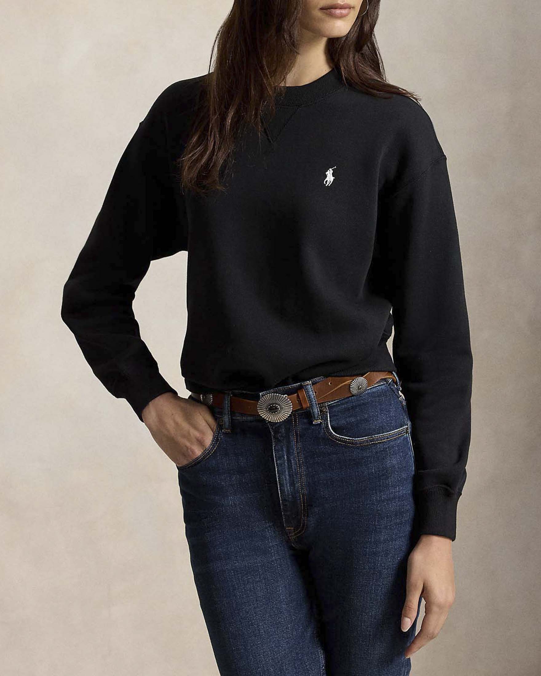 Felpa girocollo Polo Ralph Lauren nera in cotone leggero con logo Pony ricamato